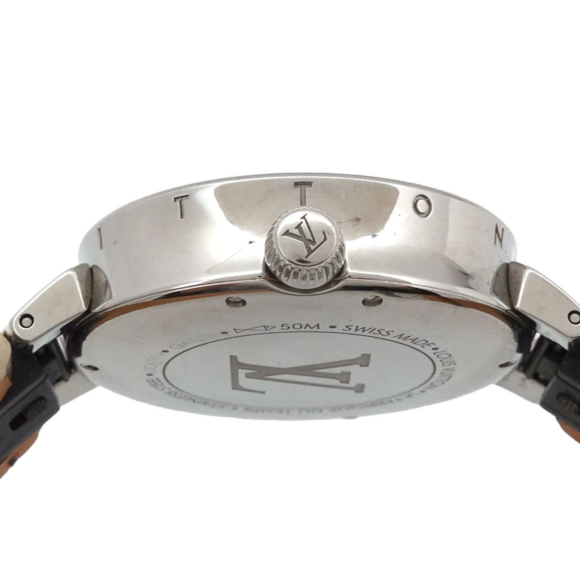 Louis Vuitton Tambour Moon Dual Time MM GMT QA108 Ladies' with 12 Diamond Lugs Black Diamonds Silver Quartz Movement.