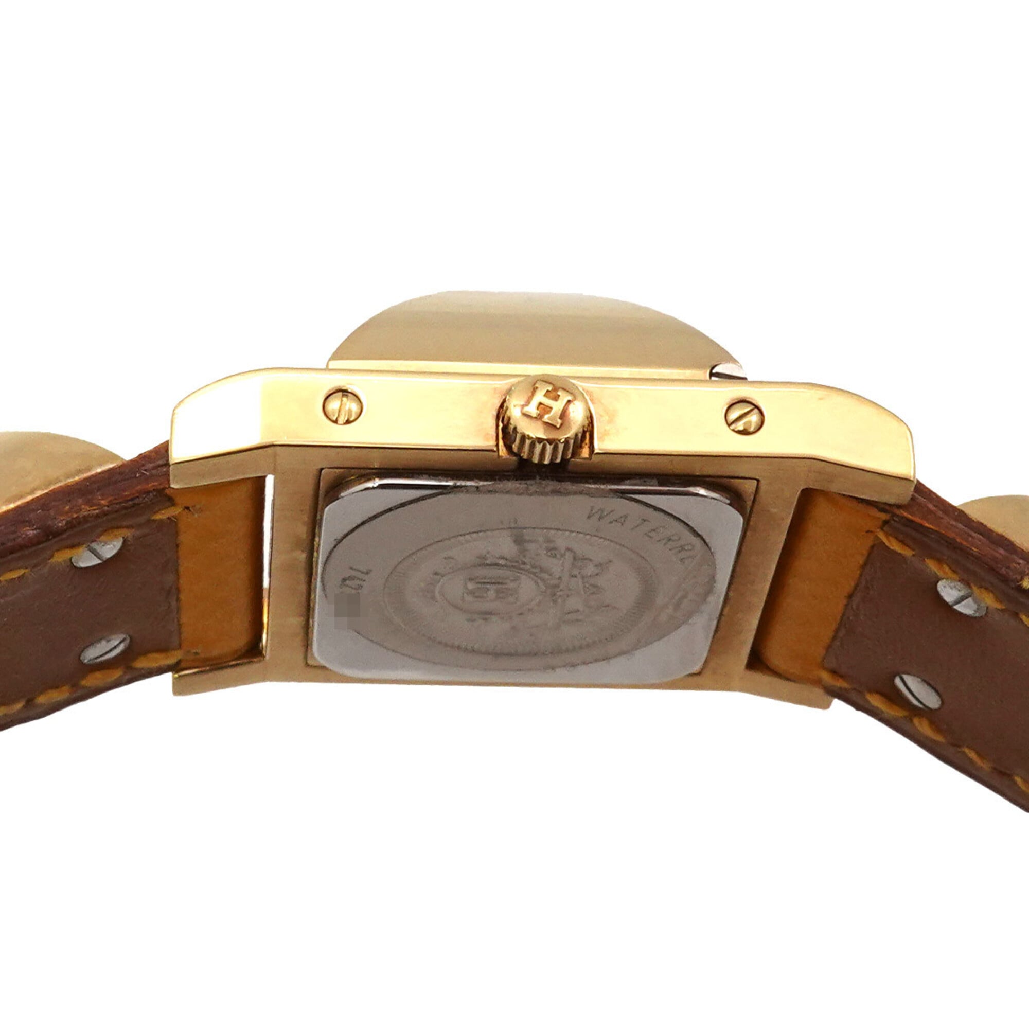 Hermes Medor Women's Watch, Pyramid Design, Gold Studs, White and Yellow Leather Strap, Quartz Movement.
