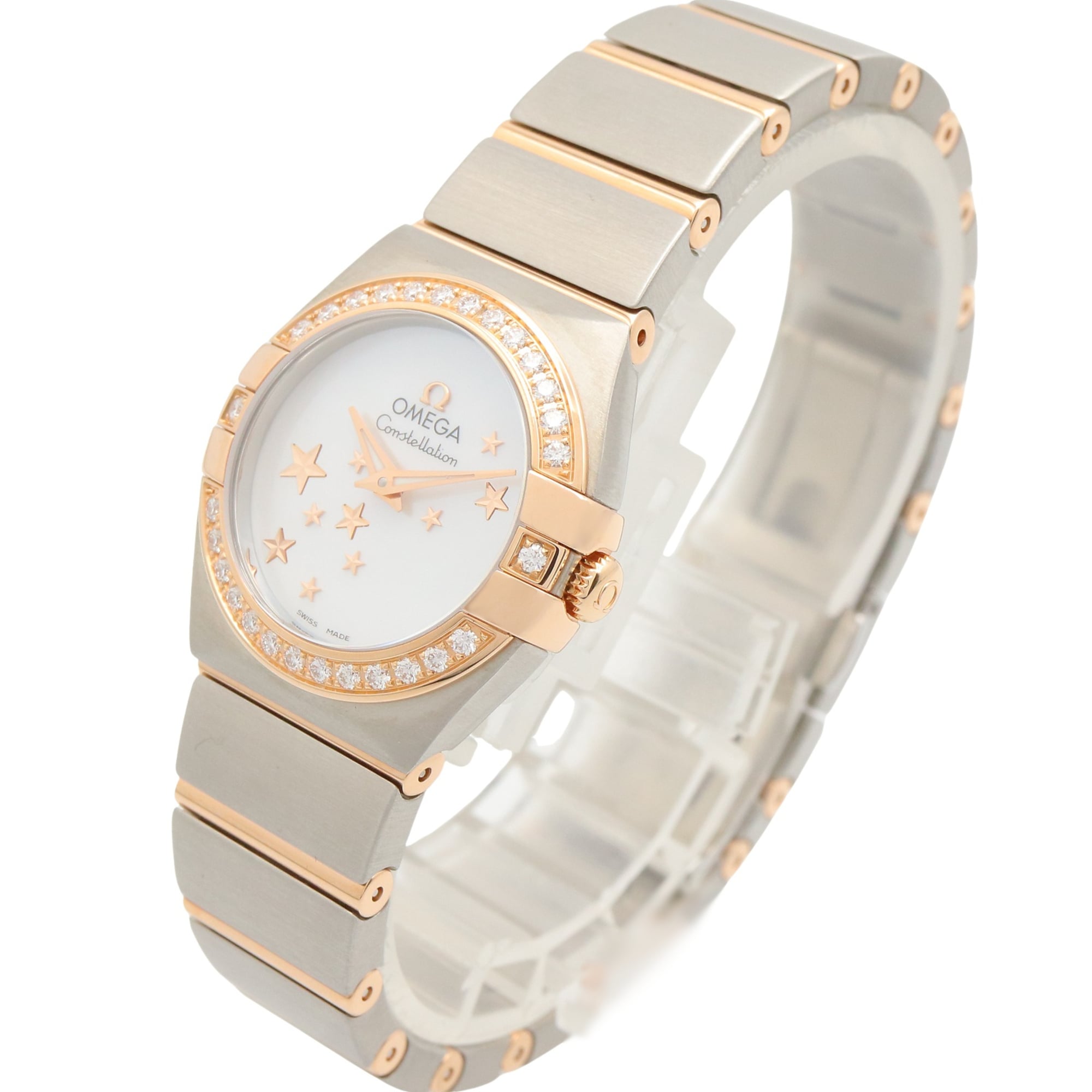 Omega Constellation Star Blue Diamond Bezel Watch, 18K Pink Gold (PG) Stainless Steel, Diamond, Ladies', White/White Mother-of-Pearl, 123.25.24.60.05.002