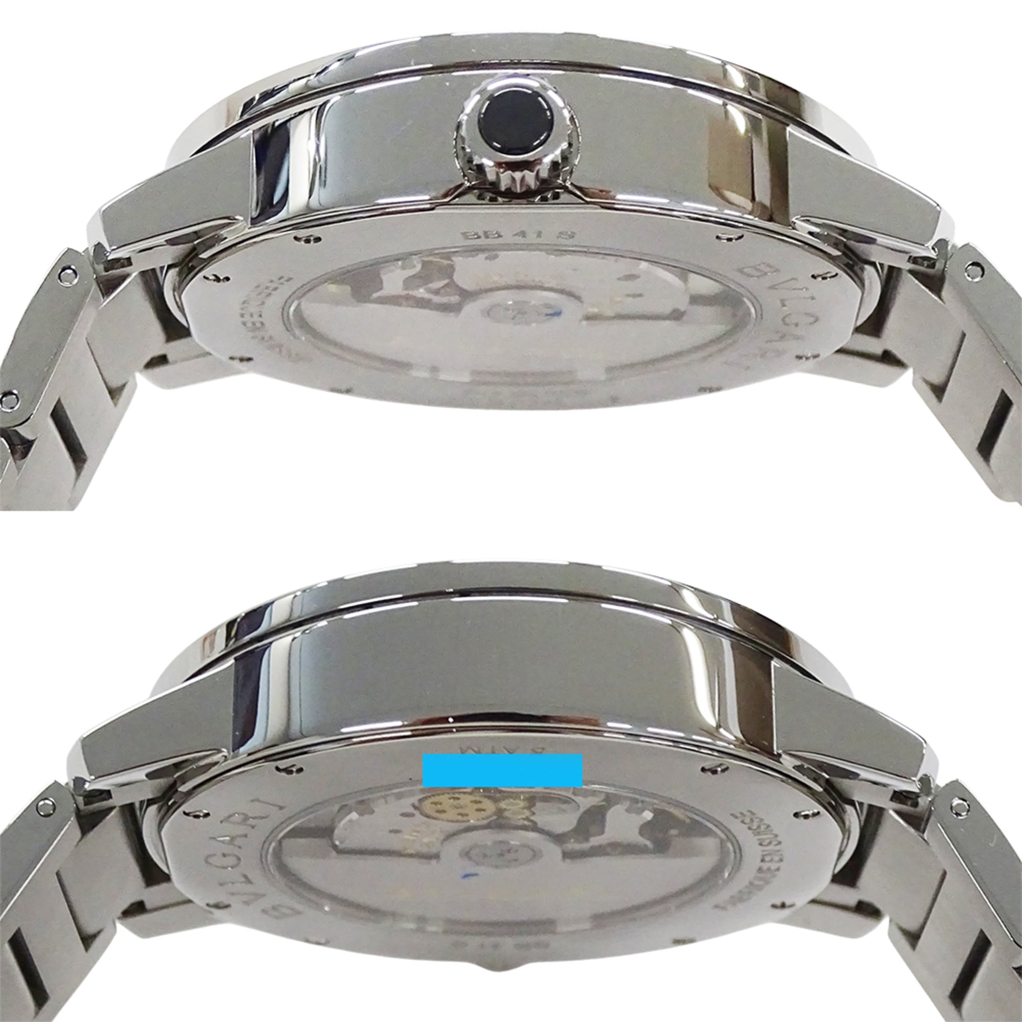 Montre Pour Hommes Bulgari BVLGARI, marque : Date Automatique AT, acier inoxydable, SS BB41S, argent Noir fond ouvert