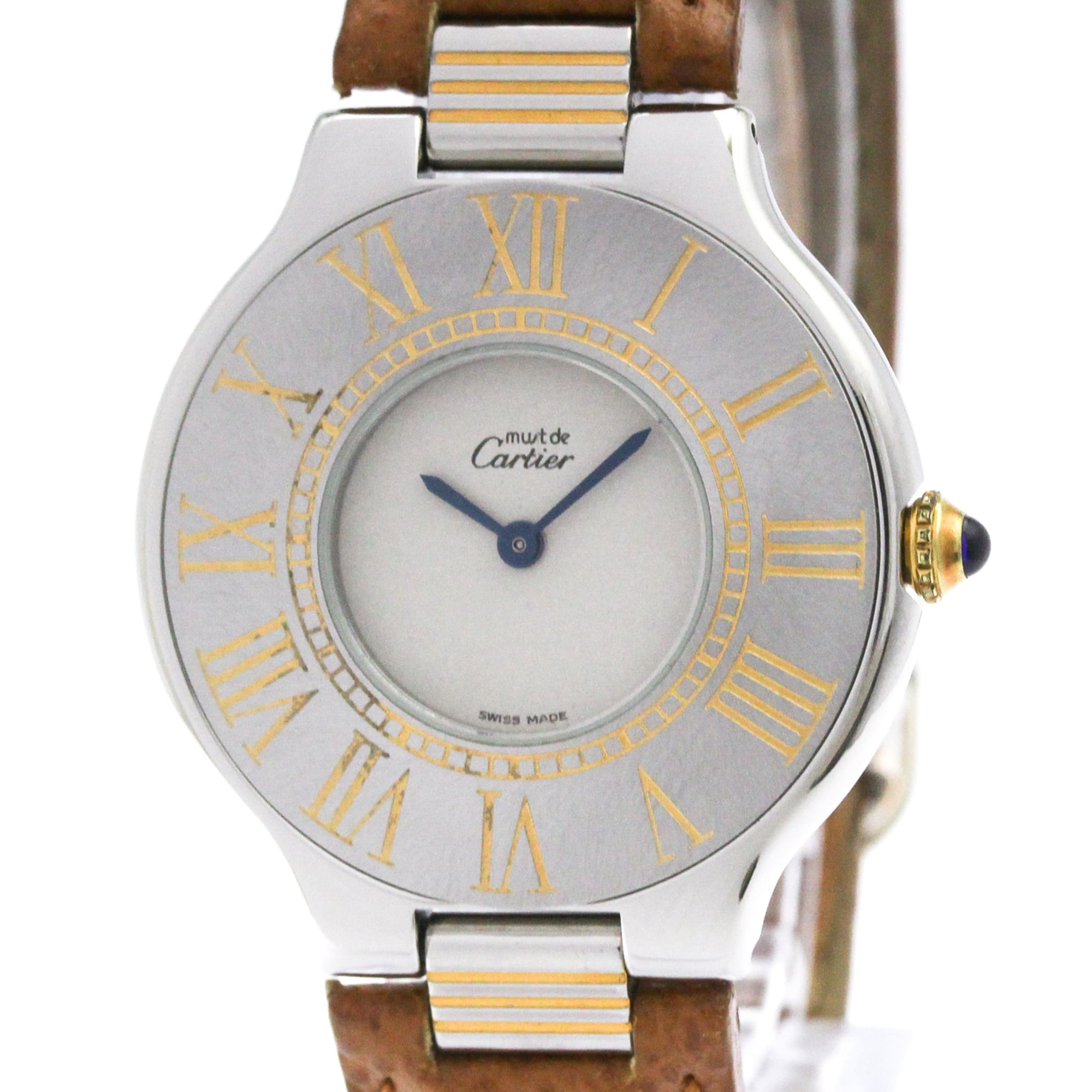 CARTIER Must 21 Gold Plated Steel Leather Quartz Unisex Watch Polished