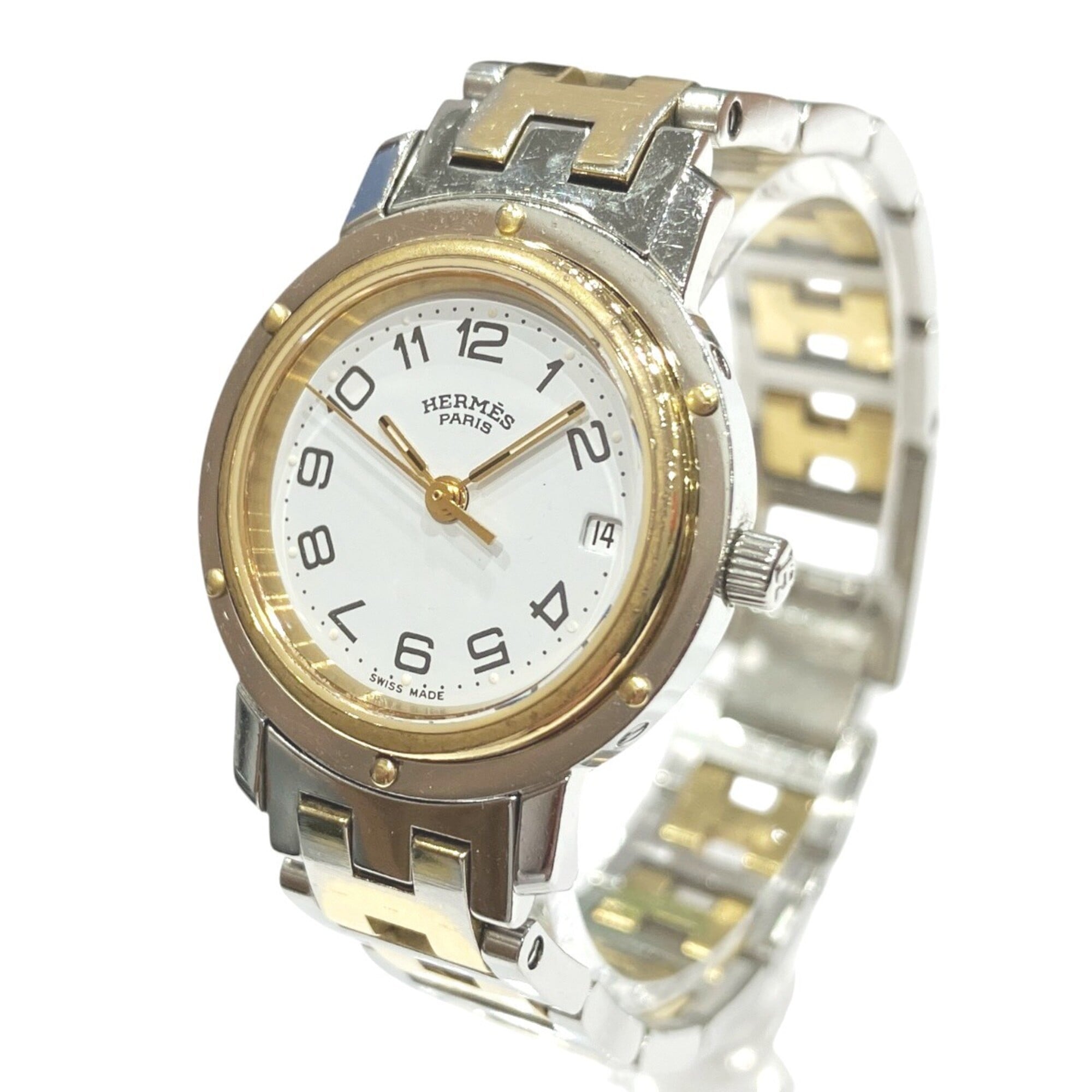 Hermes Clipper watch, total weight 36.2g, stainless steel, quartz movement, white dial, CL3.240