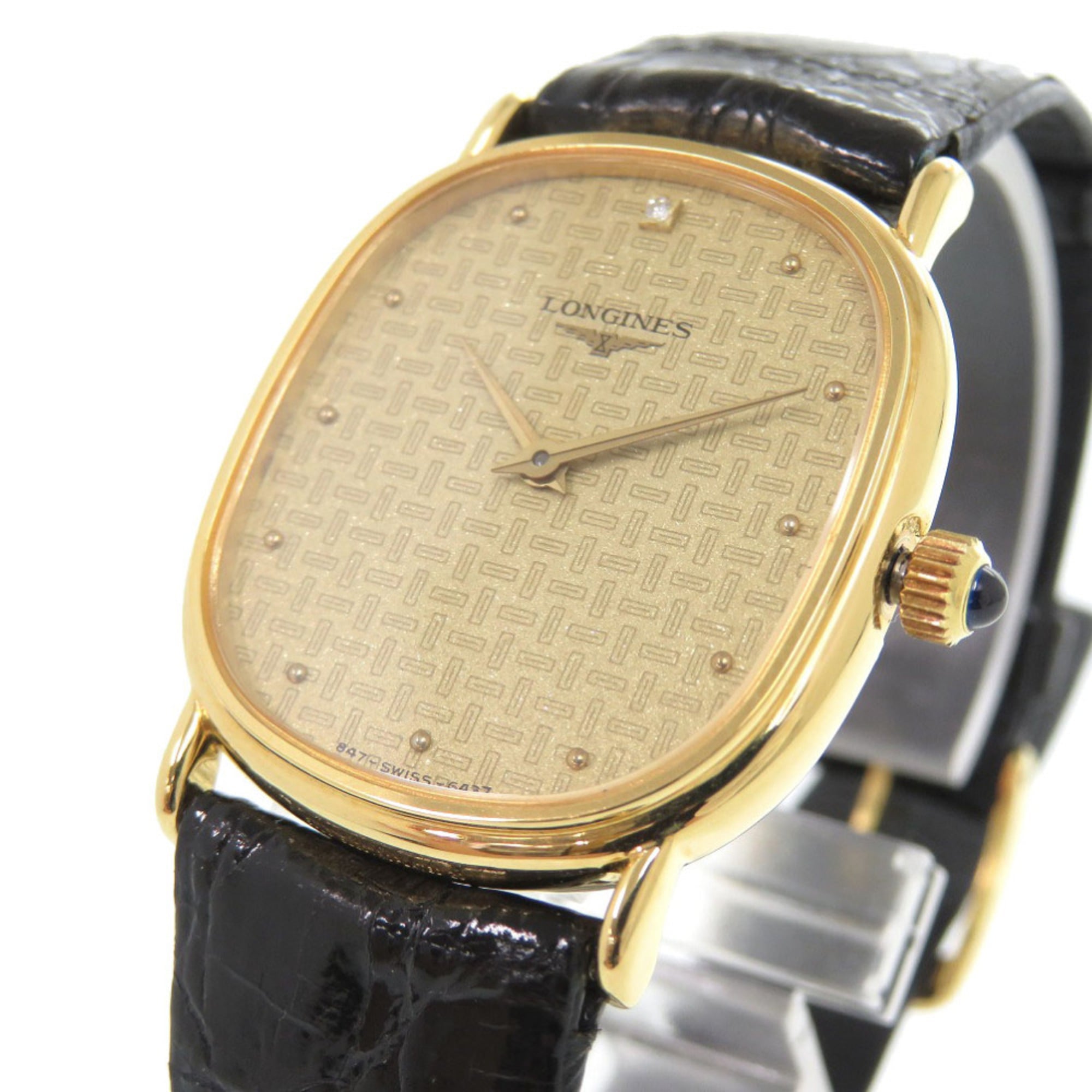 Longines 0037 in nieuwstaat, met één diamant, handopwinding, roestvrij staal, leer, goud en zwart.