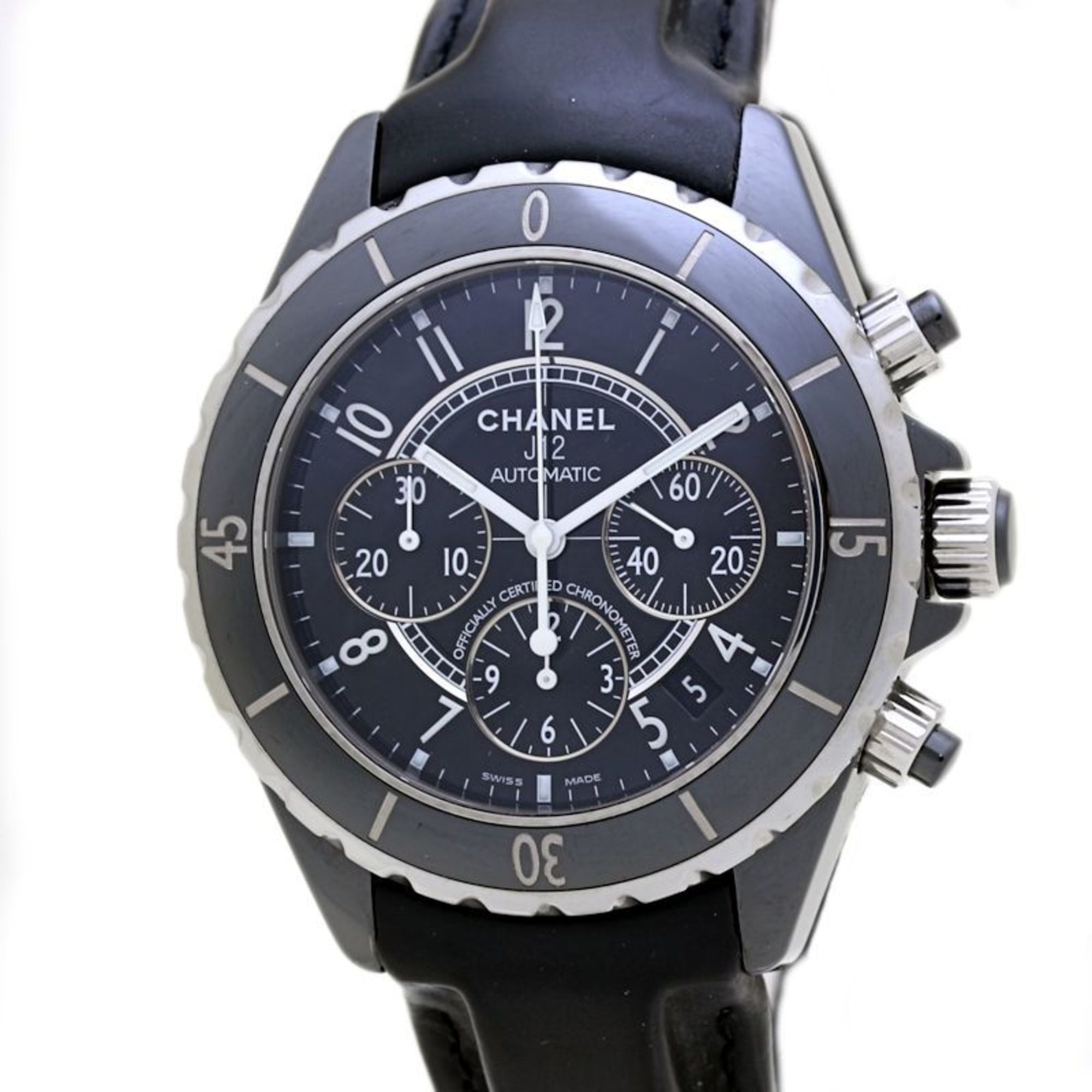 CHANEL J12 Chronograph Date H0938 Men's Watch in Black Ceramic, Stainless Steel, and Leather Finish 40149
