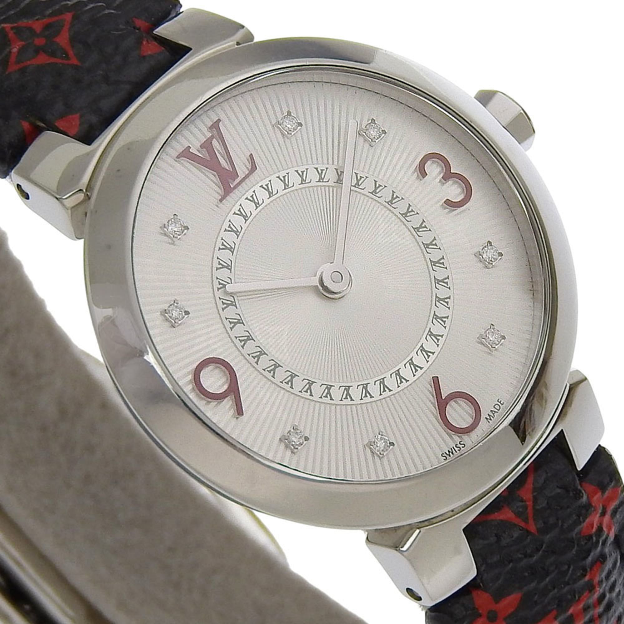 Louis Vuitton Tambour Slim-horloge, 8 diamanten, Q12MGA, roestvrij staal en leer, quartz uurwerk, analoge wijzerplaat, zilveren wijzerplaat, damesmodel