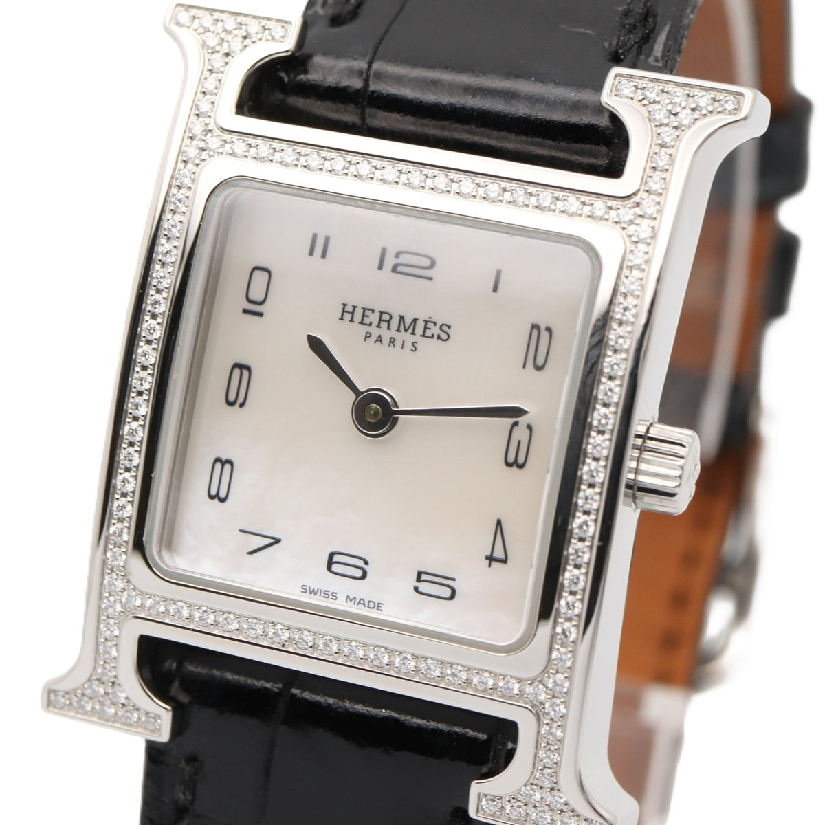 Montre Hermès H- à lunette en diamants HH1.235 Blanc, cadran en nacre, 21 mm