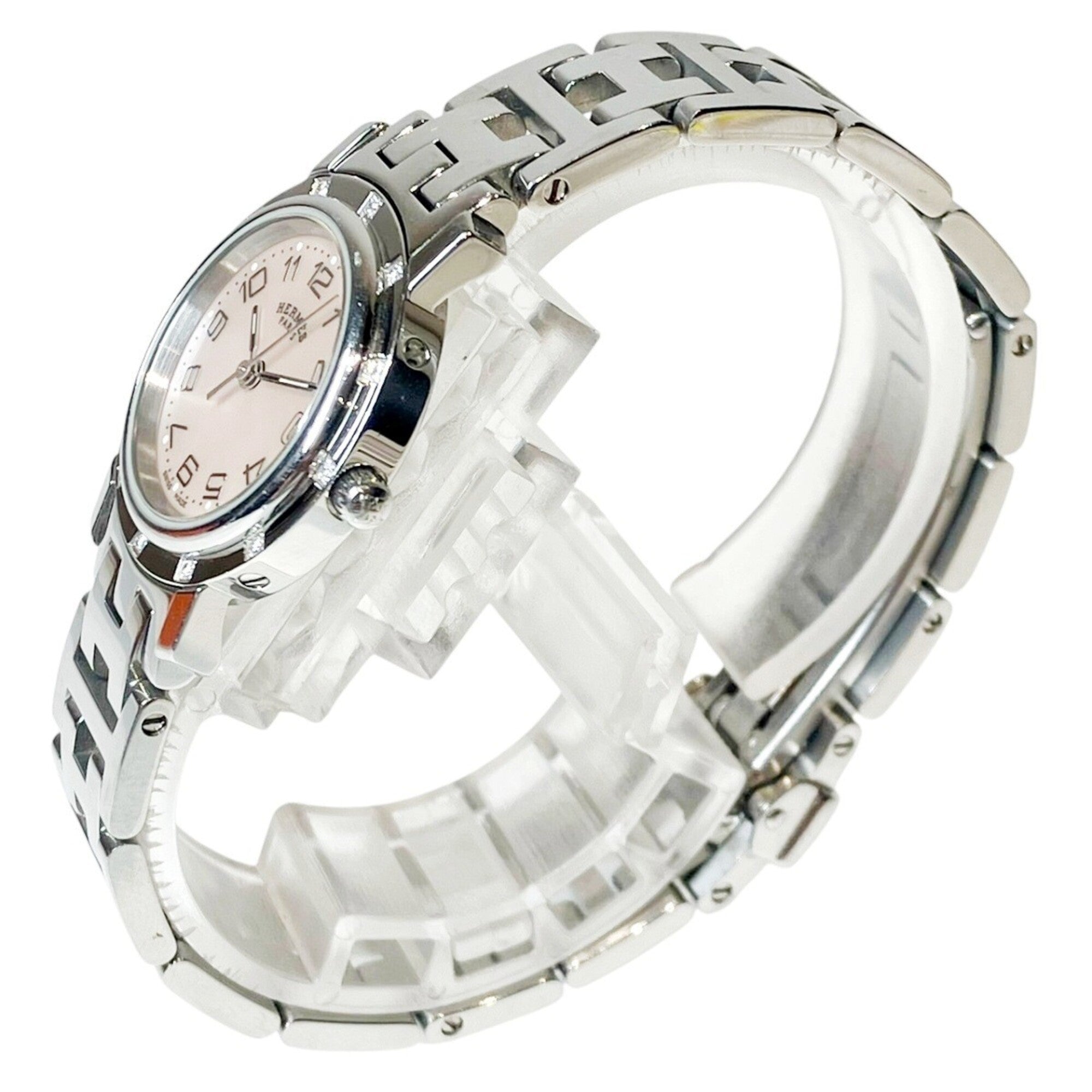 Hermes Clipper Nacre watch, total weight 42.8g, stainless steel, quartz movement, pink mother-of-pearl dial, CL4.230