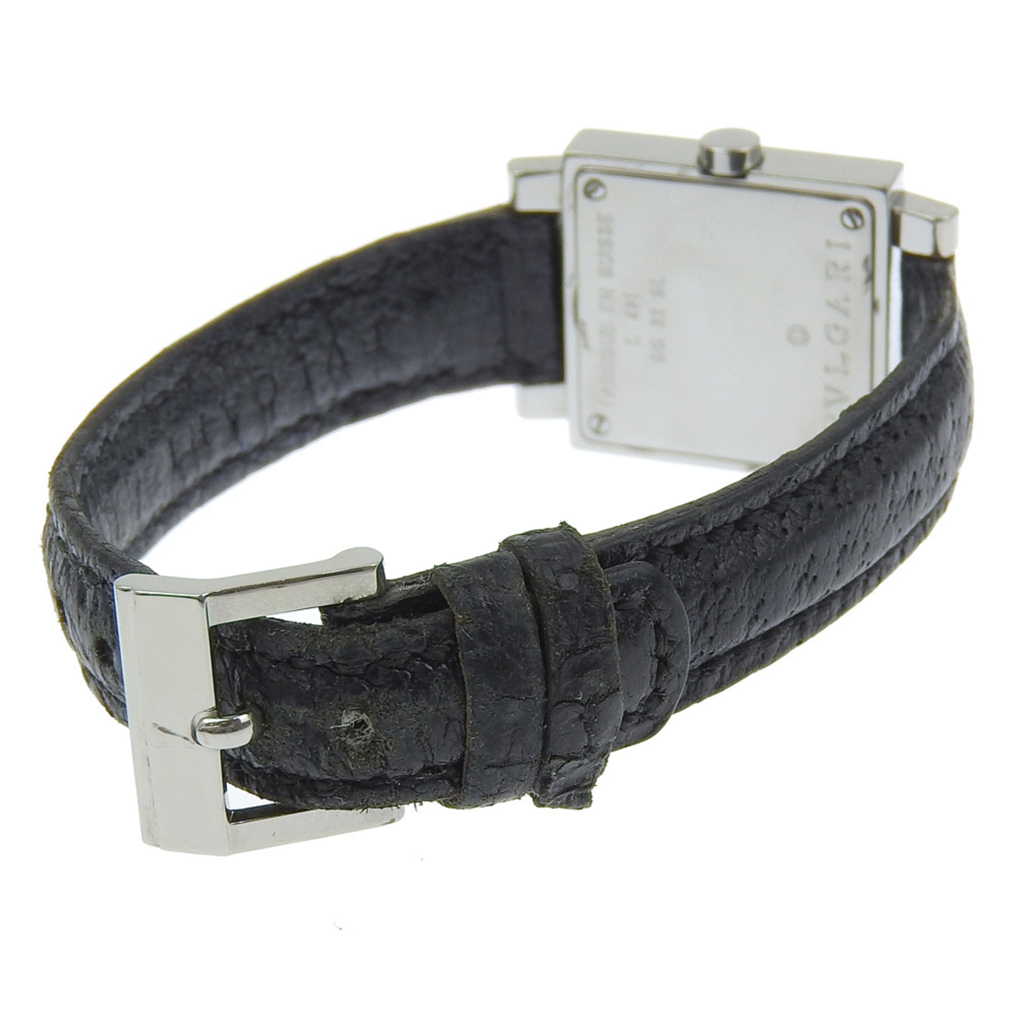 BVLGARI Quadrado SQ22SL dameshorloge, roestvrij staal en leer, quartz uurwerk, analoge wijzerplaat, zwarte wijzerplaat