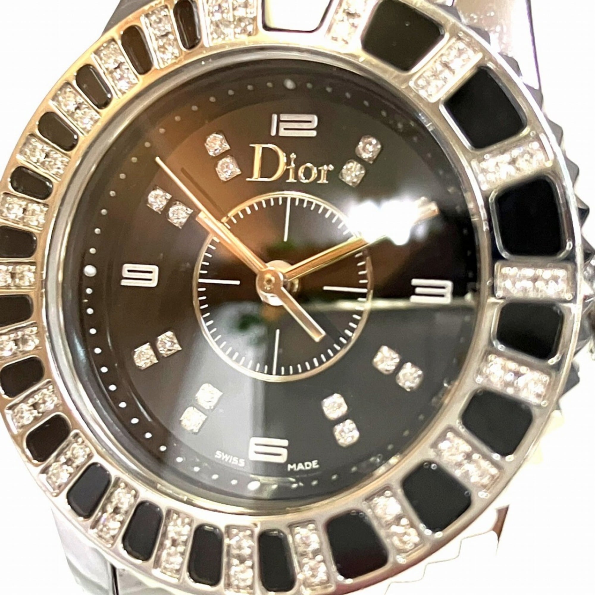 Christian Dior-horloge met kristallen en diamanten rand, totaalgewicht 75,8 g, roestvrij staal, quartz, zwarte wijzerplaat, CD112116M001