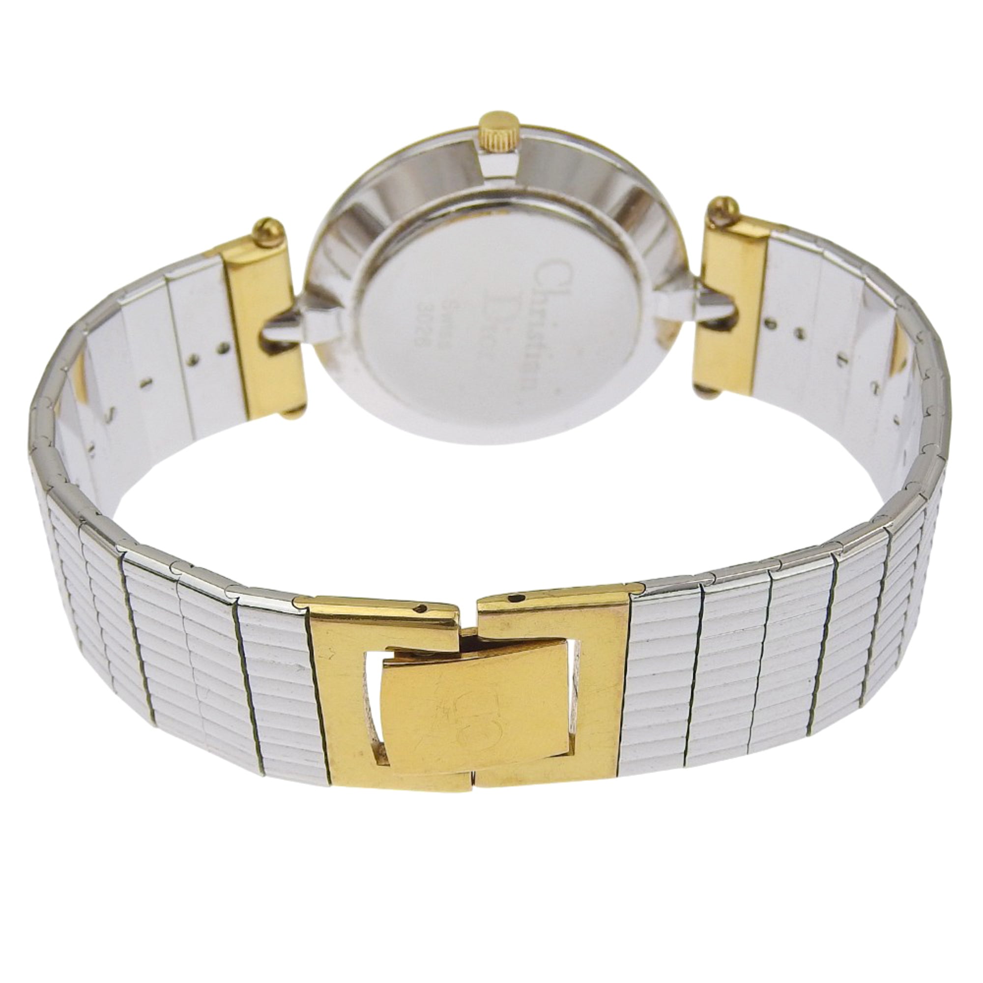 Christian Dior-horloge 3026, roestvrij staal met verguld zilver, quartz uurwerk, analoge wijzerplaat, zwarte wijzerplaat, damesmodel