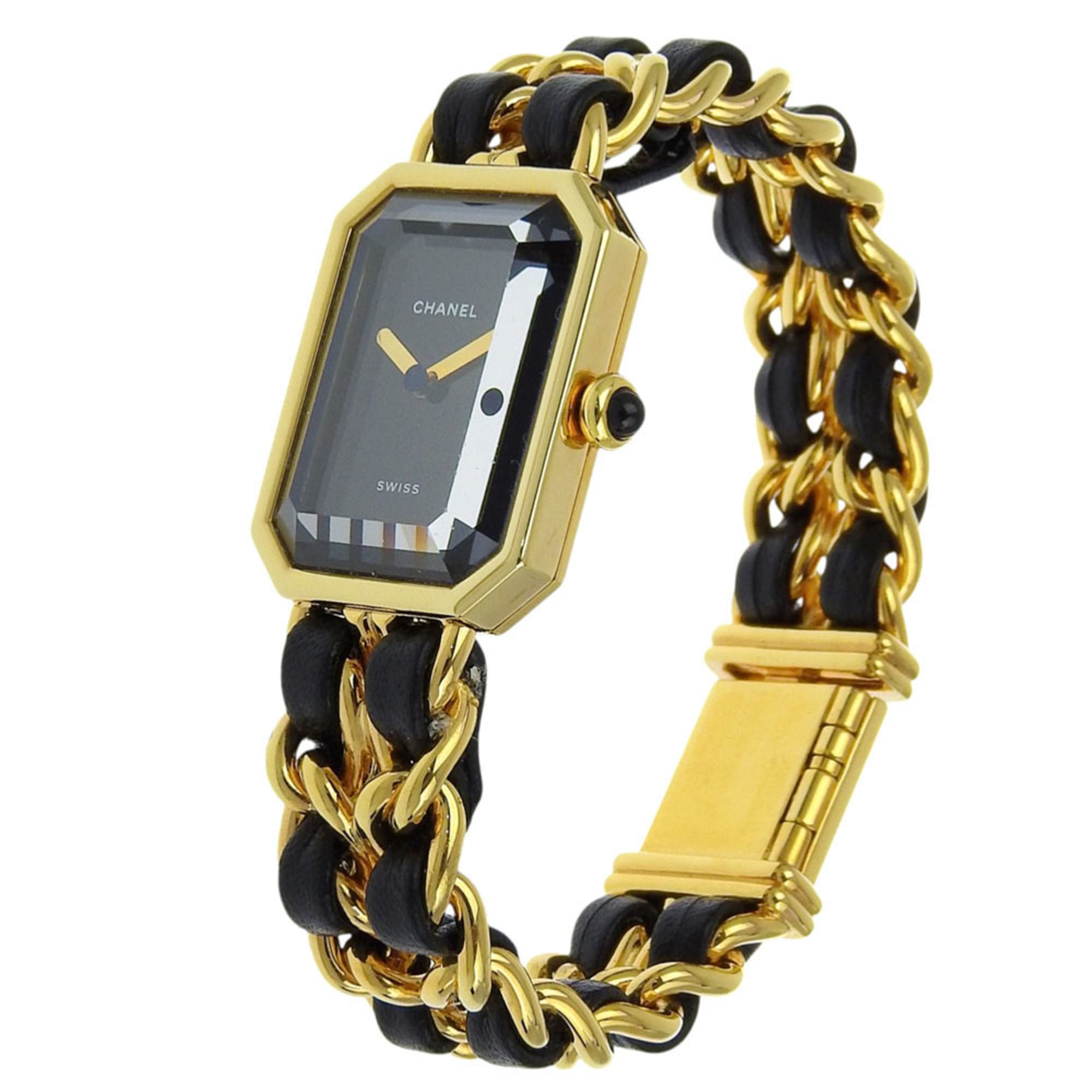 CHANEL Premiere S Watch H0001, Gold-Plated Leather Quartz Movement, Analog Display, Black Dial, Women's