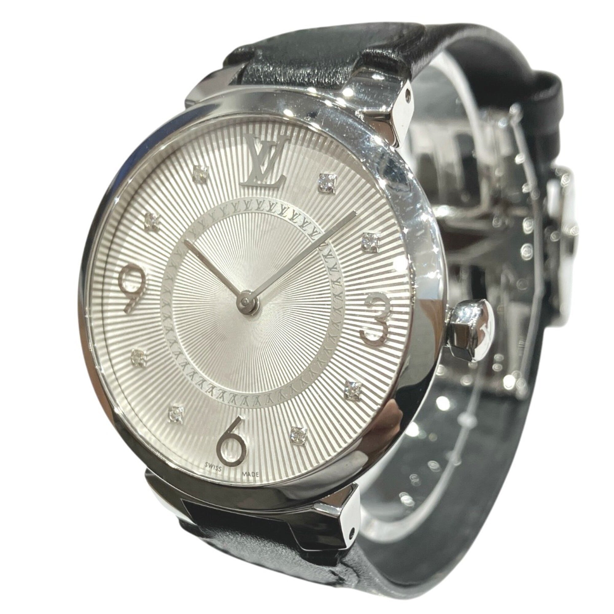 Louis Vuitton Tambour watch, total weight 48g, stainless steel, genuine leather strap, quartz movement, silver dial, Q13MJ