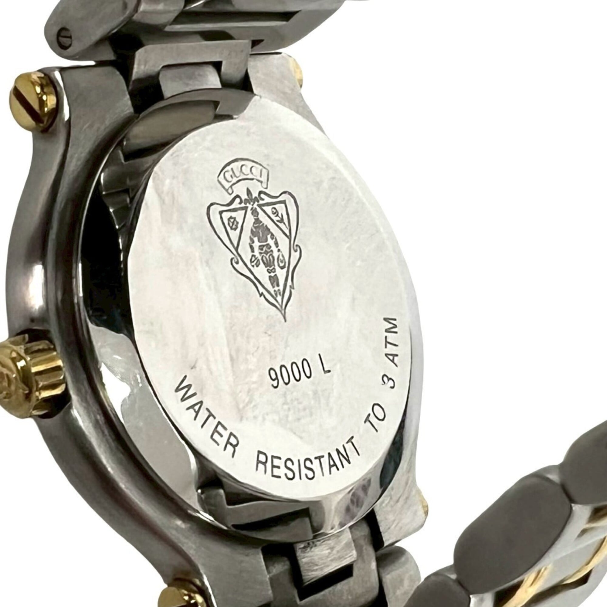GUCCI 9000L Logo Engraved Stainless Steel Quartz Wrist Silver/Gold 37789