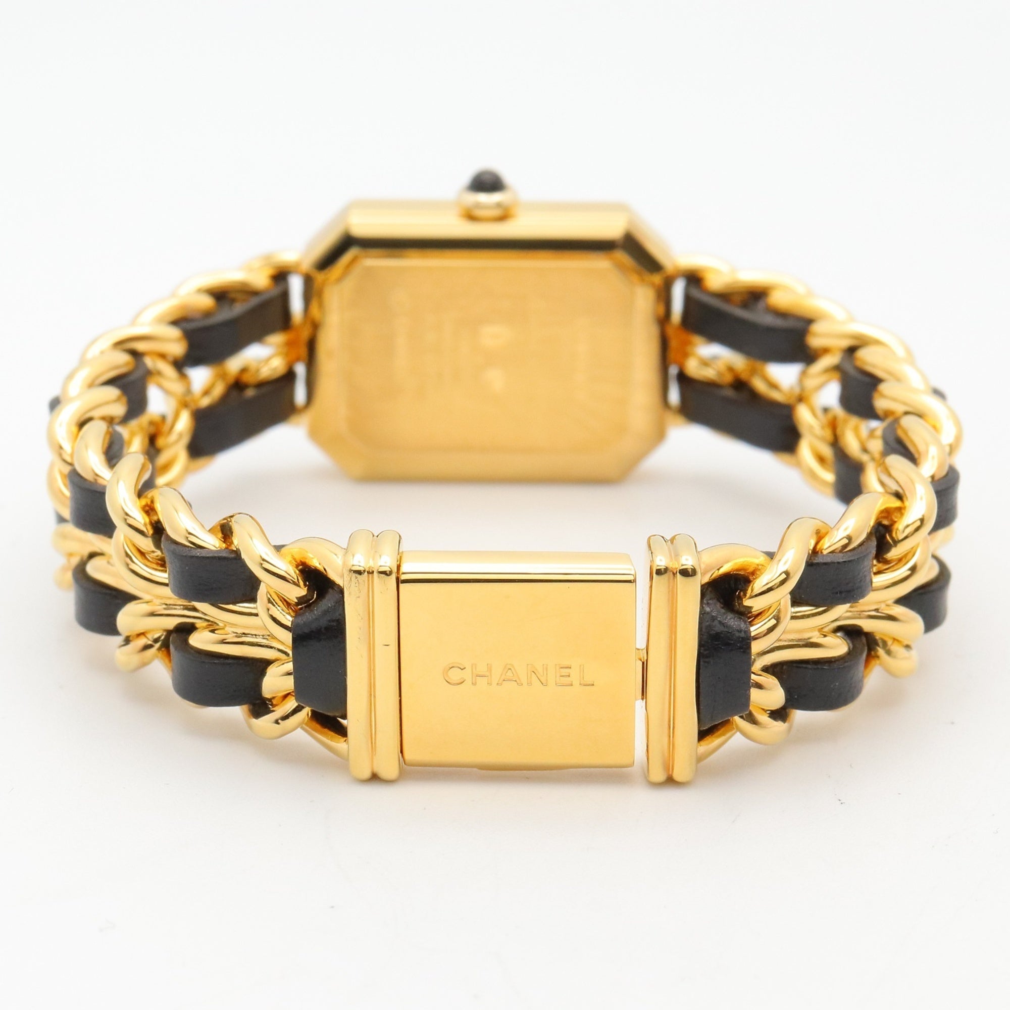 Montre-bracelet Chanel CHANEL Première M, plaquée or (GP), bracelet en cuir, pour femme, Noir, H0001