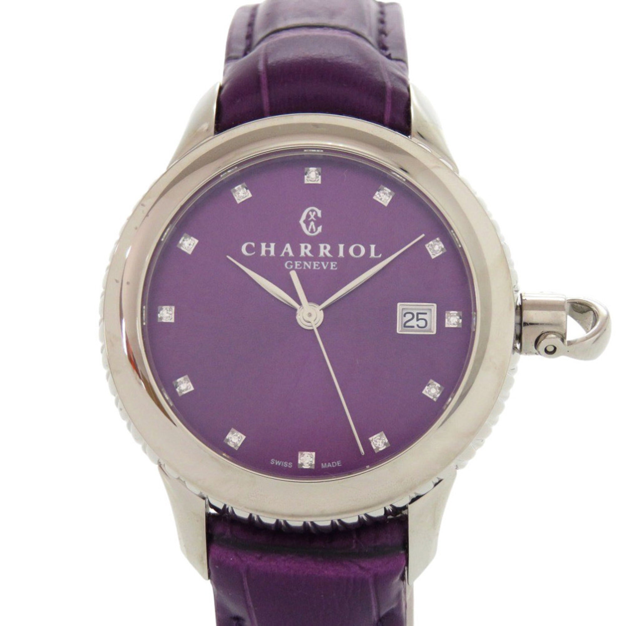 Unused Charriol Columbus 12-Piece Diamond Watch CO36QS.369.003, Stainless Steel Embossed Leather, Purple Dial, Quartz Movement, 0596 CHARRIOL