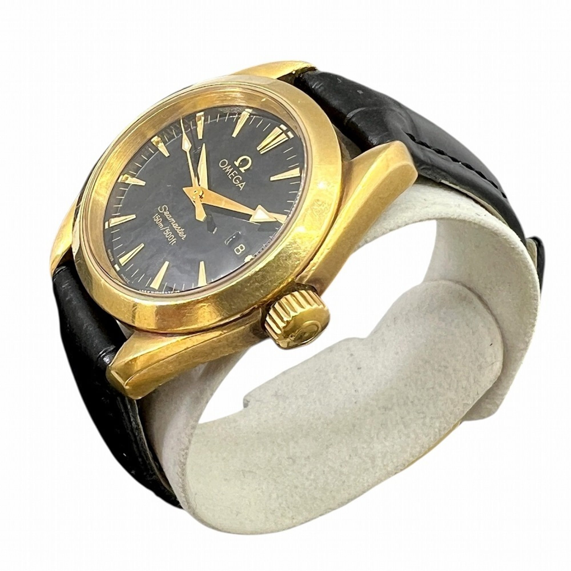 OMEGA Seamaster Aqua Terra 150m K18YG Black Dial Quartz Watch 2677.50.32 Leather Strap for Men and Women