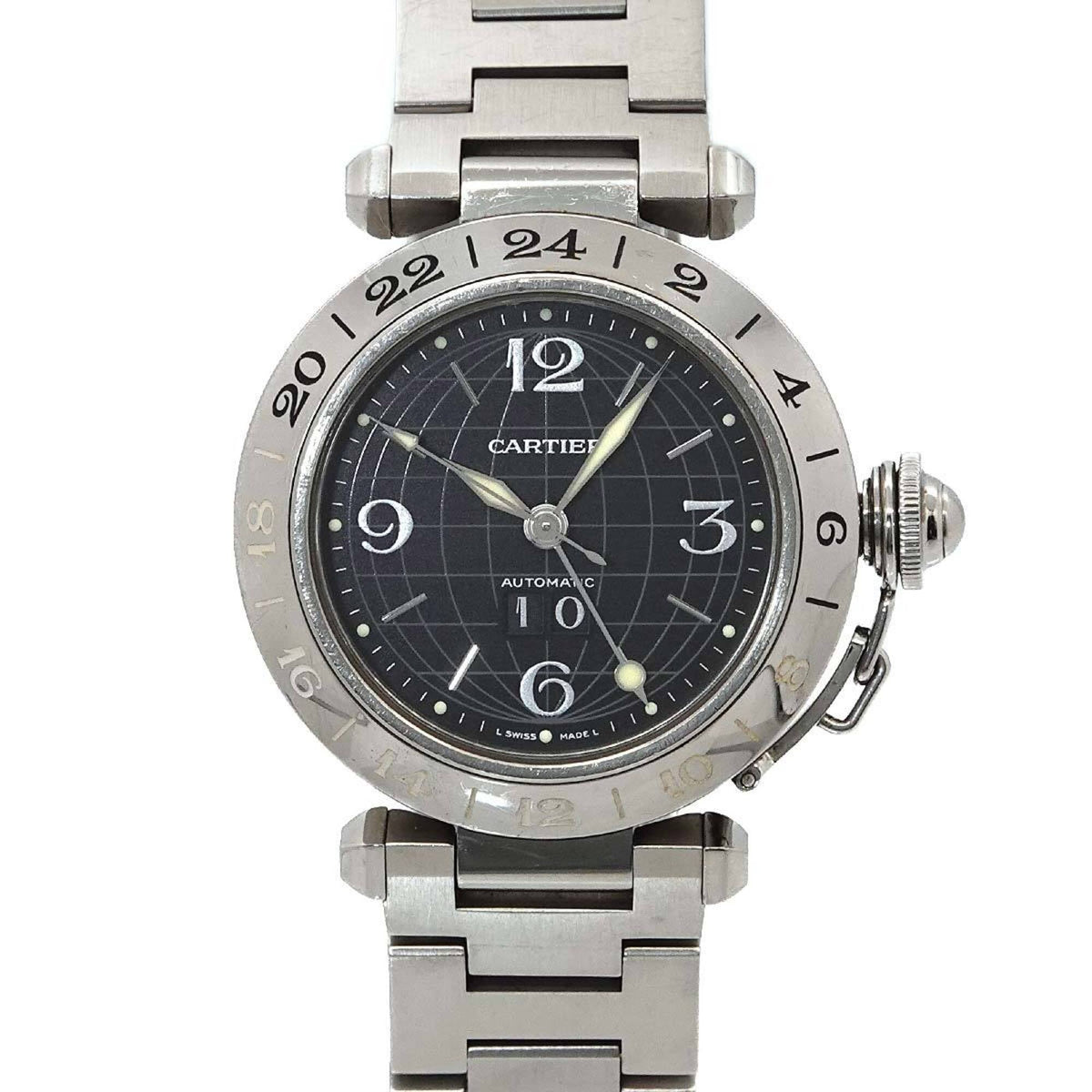 Cartier Pasha C Meridian GMT Big Date W31049M7 horloge met zwarte wijzerplaat, 35 mm