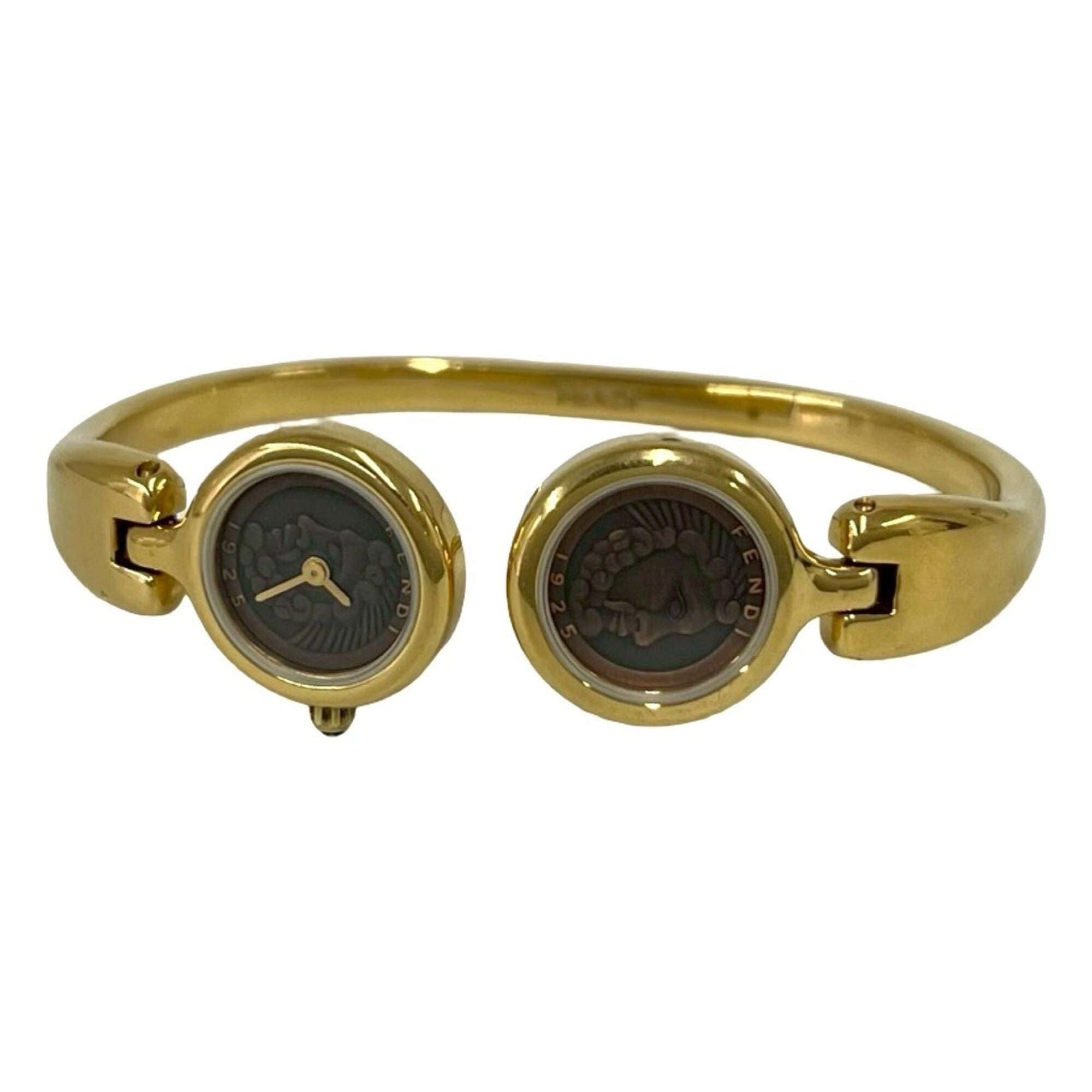 FENDI 600L Logo Engraved GP Quartz Wrist Bangle Gold 22368