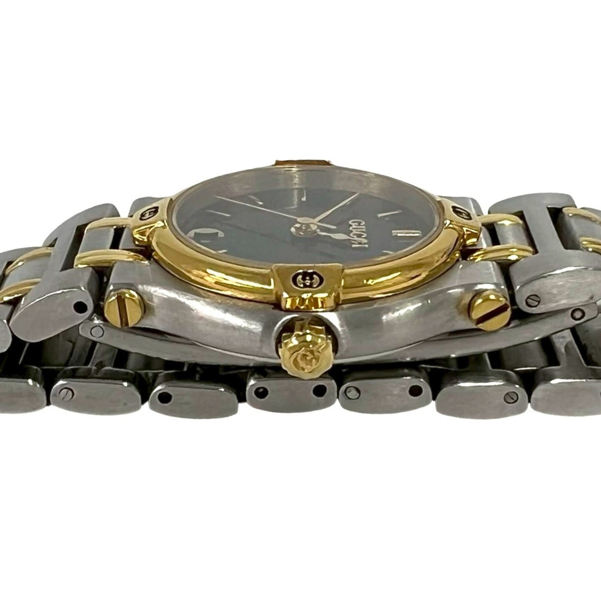 GUCCI 9000L Logo Engraved Stainless Steel Quartz Wrist Silver/Gold 37789