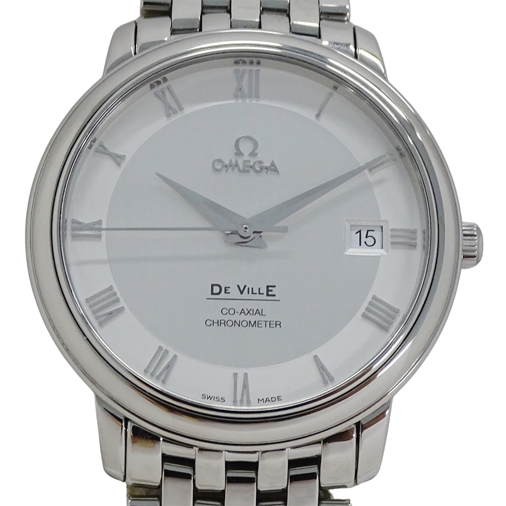 Omega De Ville Prestige 4574.31 Men's Watch, Brand Name, Date, Co-Axial Chronometer, Automatic, Stainless Steel (SS), Silver, Polished.