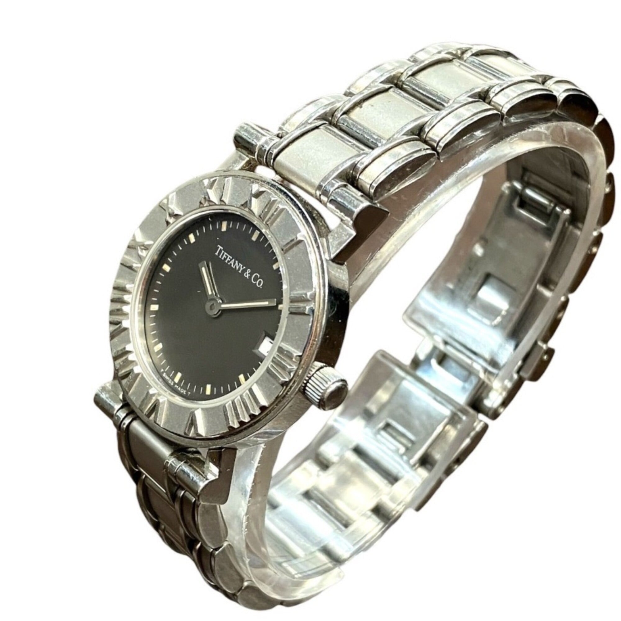 Tiffany & Co. Atlas watch, total weight 53.6g, stainless steel, quartz movement, black dial.