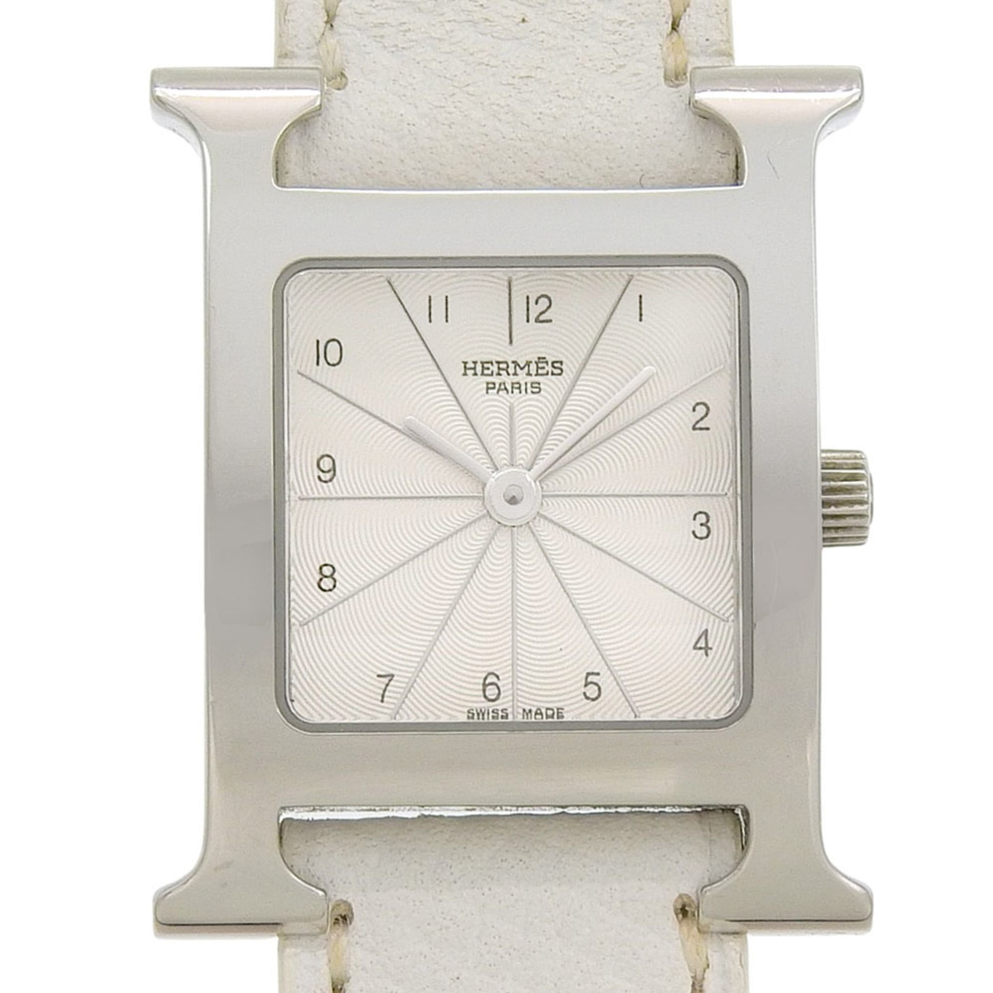 HermÃ¨s H Watch Double Tour HH1.210, stainless steel and smooth leather, made in France, 2012, silver P quartz movement, analog display, white dial, Heure watch for women.