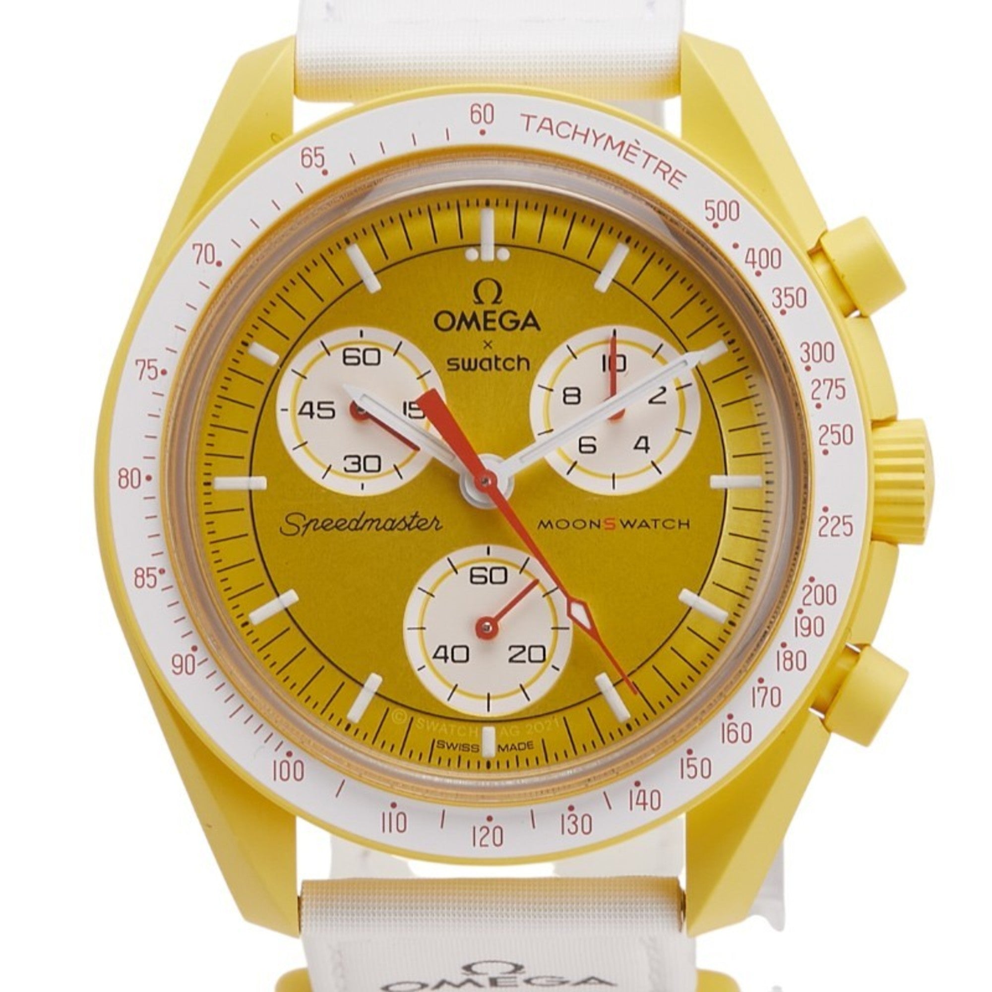 OMEGA x Swatch Speedmaster Moon Mission to the Sun Watch SO33J100 Quartz Gold Dial Ceramic Nylon Men's
