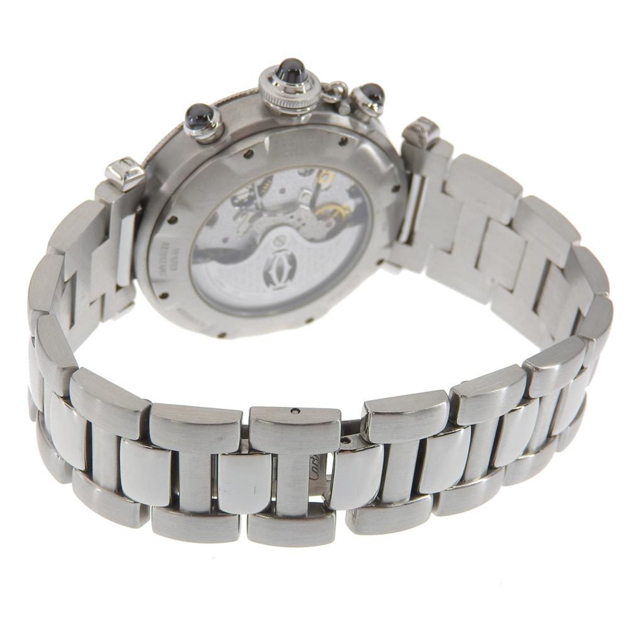 Cartier Pasha herenhorloge, kaliber 205, W3107355, roestvrij staal, automatische chronograaf, grijze wijzerplaat, doorzichtige achterkant