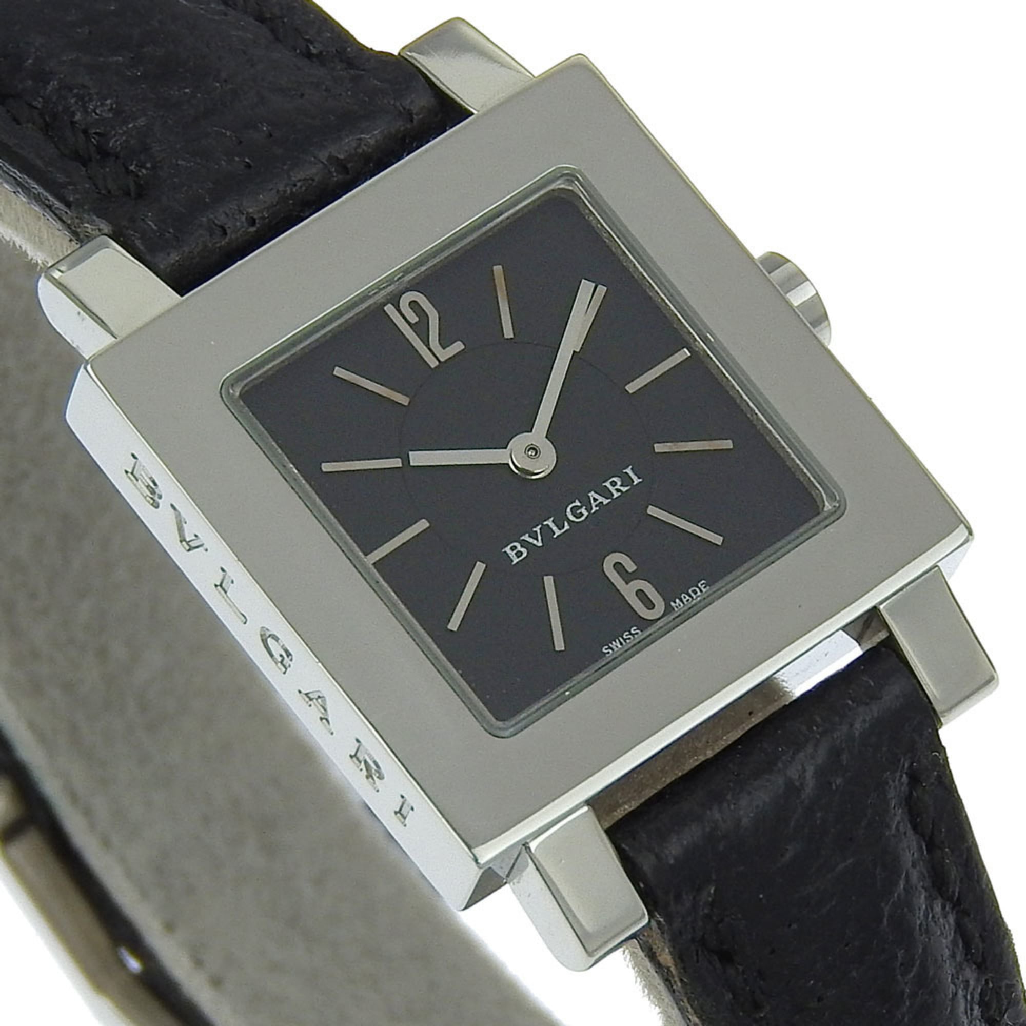 BVLGARI Quadrado SQ22SL dameshorloge, roestvrij staal en leer, quartz uurwerk, analoge wijzerplaat, zwarte wijzerplaat