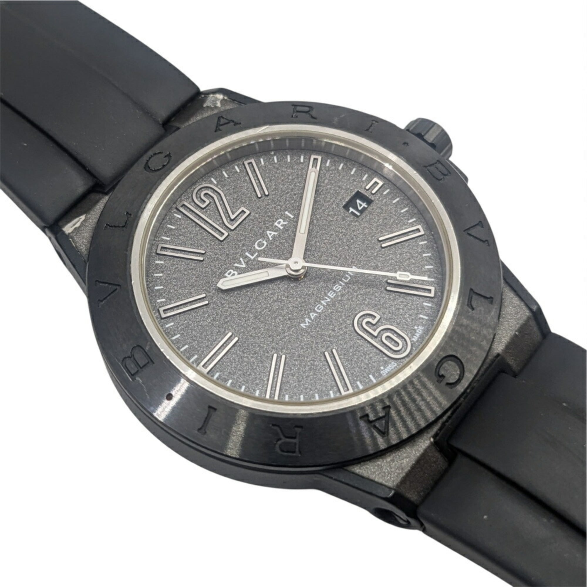 BVLGARI Diagono Magnesium Date met grijze keramische wijzerplaat en zwart rubberen band – automatisch herenhorloge DG41SMC