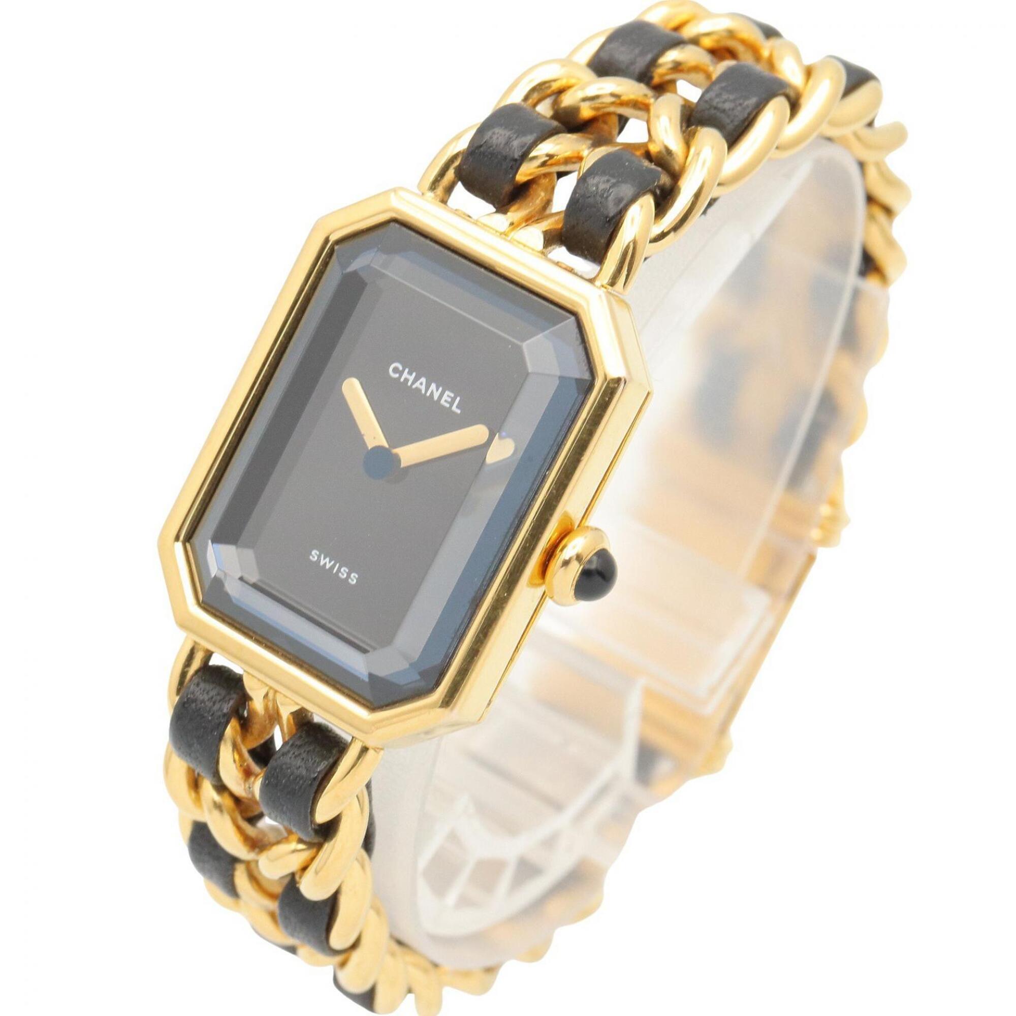 Chanel CHANEL PremiÃ¨re M Wristwatch, Gold Plated (GP), Leather Strap, Women's, Black, H0001
