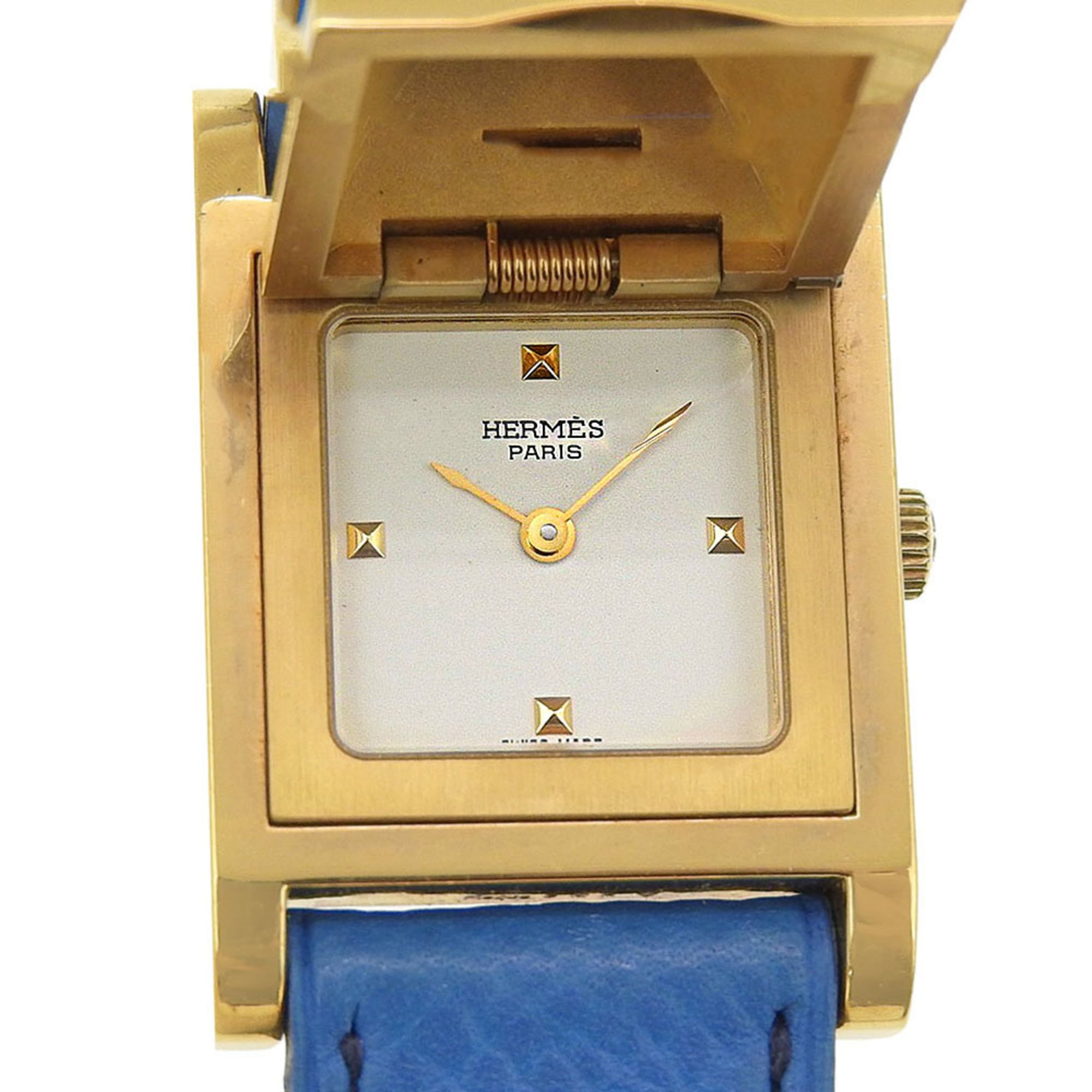 HermÃ¨s Medor Men's Watch, Gold-Plated Leather, Quartz Movement, Analog Display, White Dial
