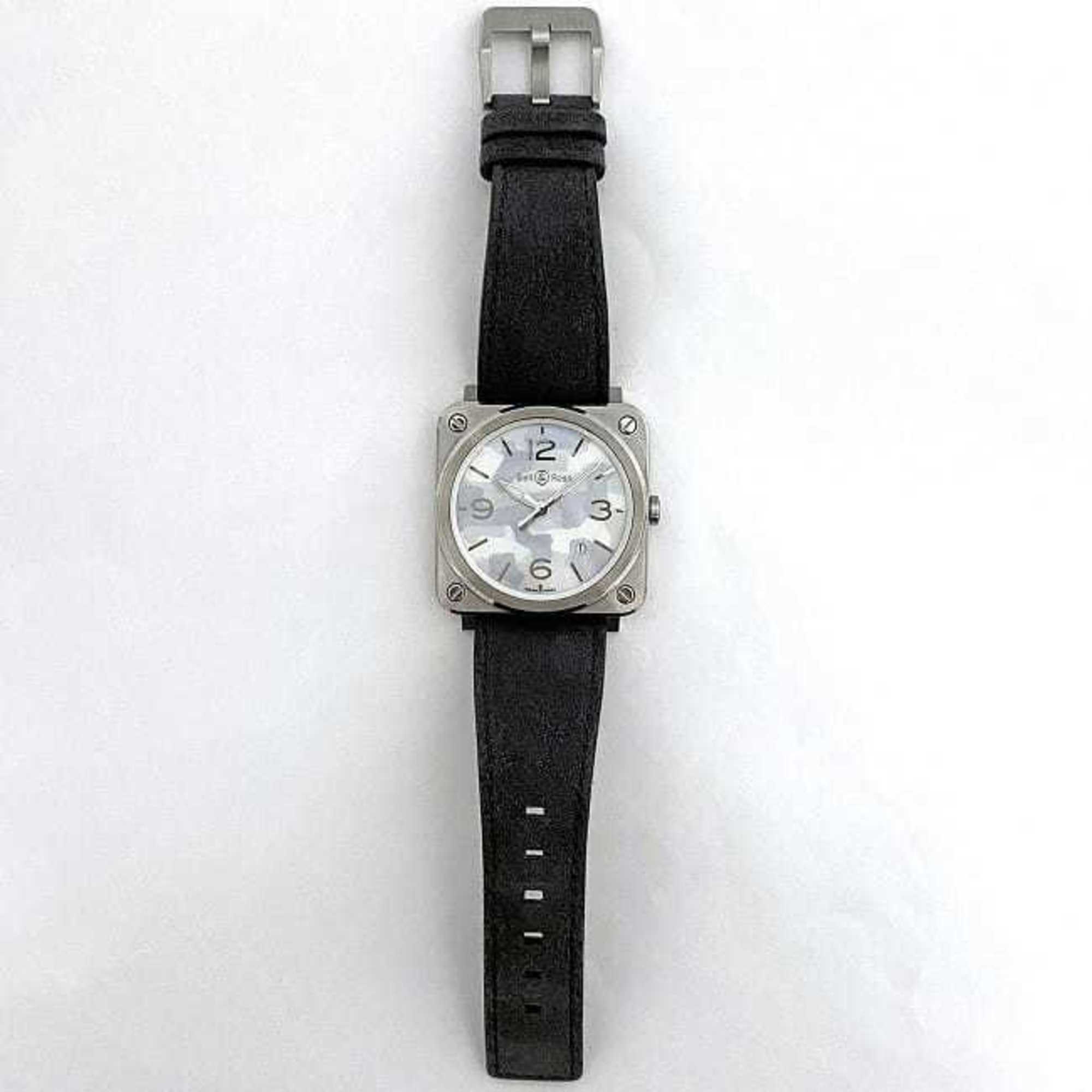 Bell &amp; Ross Uhr Aviation 39 F-22679 Camouflage Weiß Gehäuse Silber BRS-64-S Herrenuhr Edelstahl Wildleder Kautschuk Quarz Quadratisch Zifferblatt austauschbares Armband batteriebetrieben