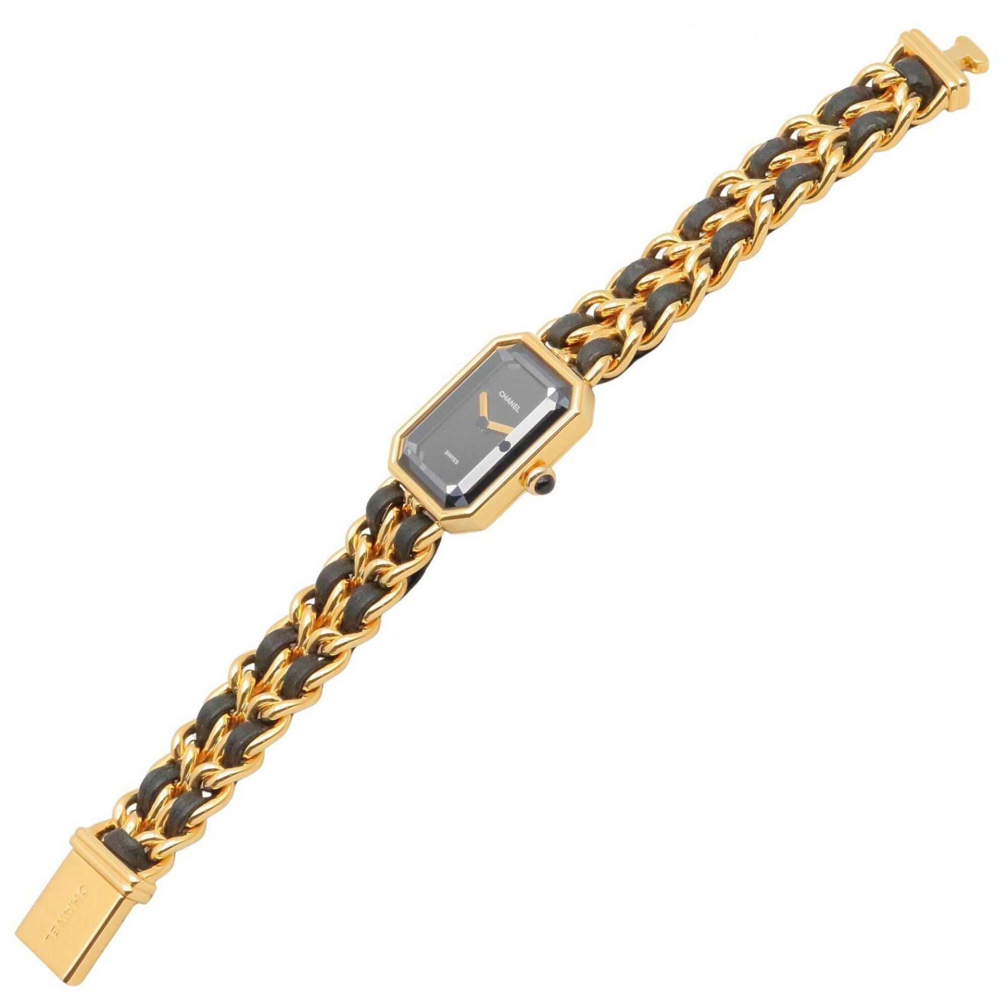 Montre-bracelet Chanel CHANEL Première M, plaquée or (GP), bracelet en cuir, pour femme, Noir, H0001