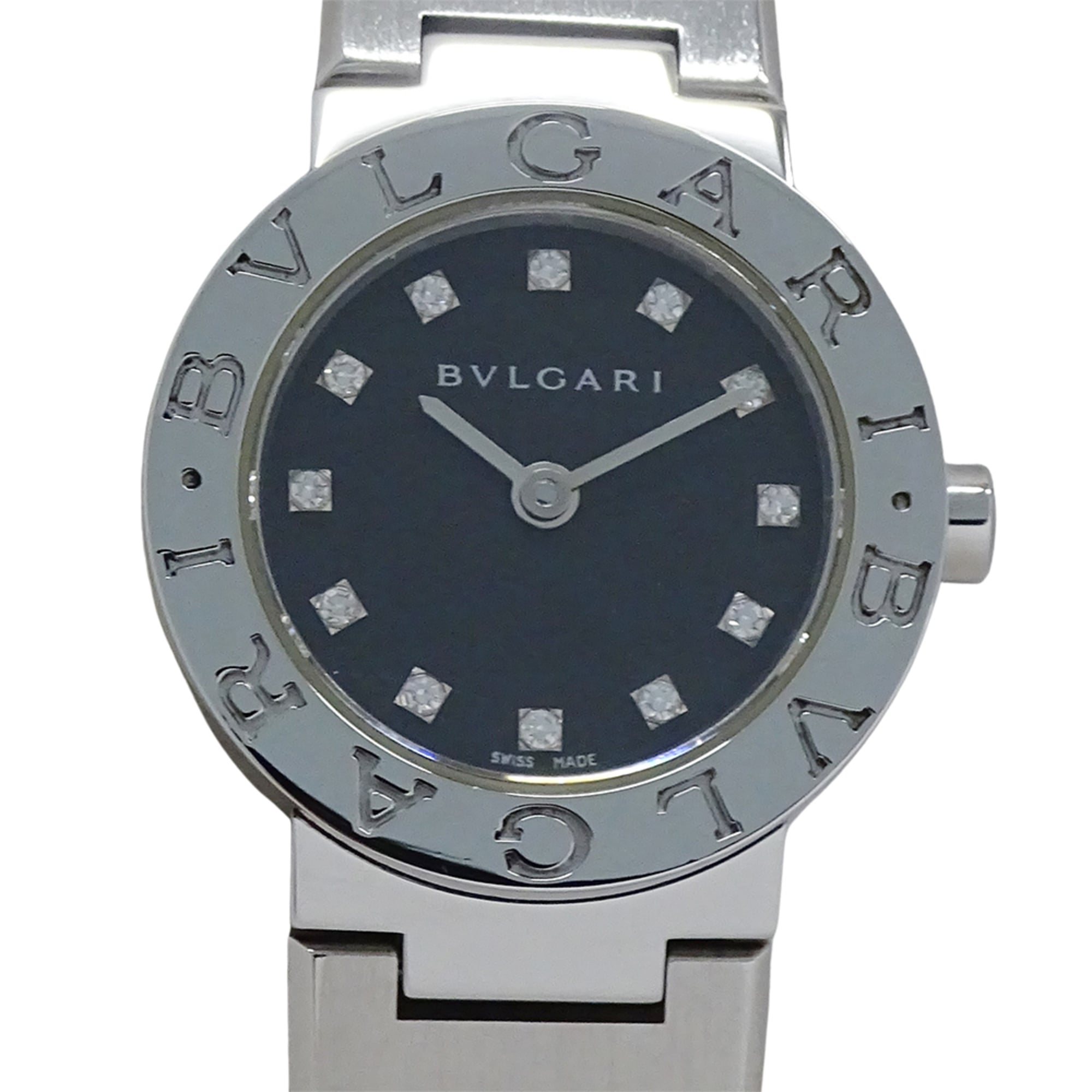 Bulgari BVLGARI Women's Watch, Brand: Bulgari, 12-Diamond Quartz Movement, Stainless Steel (SS), Silver & Black Round Case, BB23SS