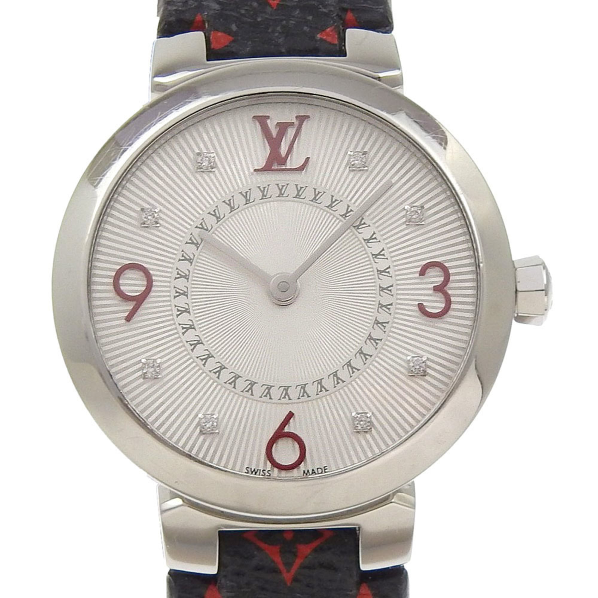 Louis Vuitton Tambour Slim Watch, 8 Diamonds, Q12MGA, Stainless Steel and Leather, Quartz Movement, Analog Display, Silver Dial, Women's