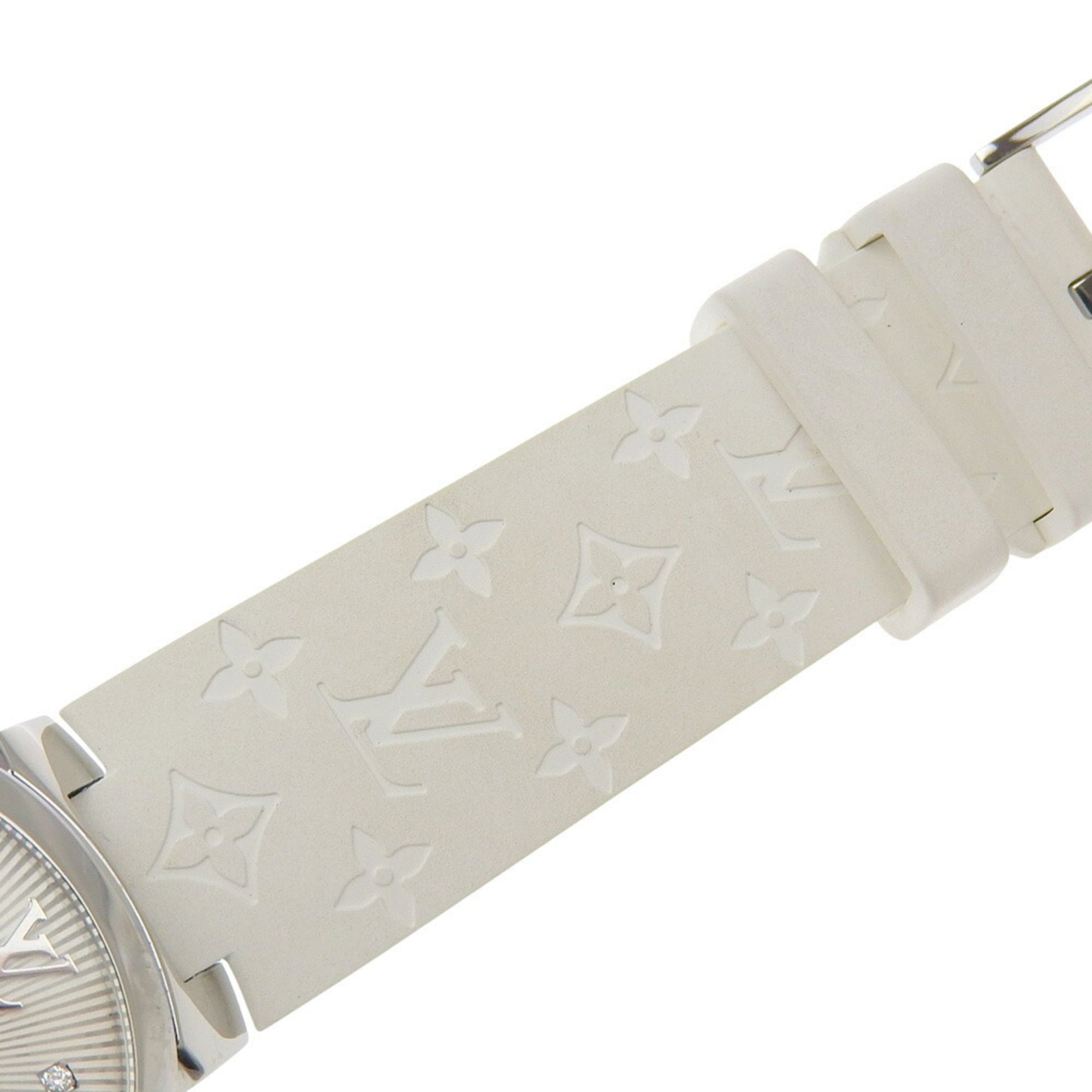Zo goed als nieuw Louis Vuitton Tambour MM Q13MJ horloge met witte wijzerplaat en 8 diamanten, roestvrijstalen en rubberen kast, quartz uurwerk, 33 mm