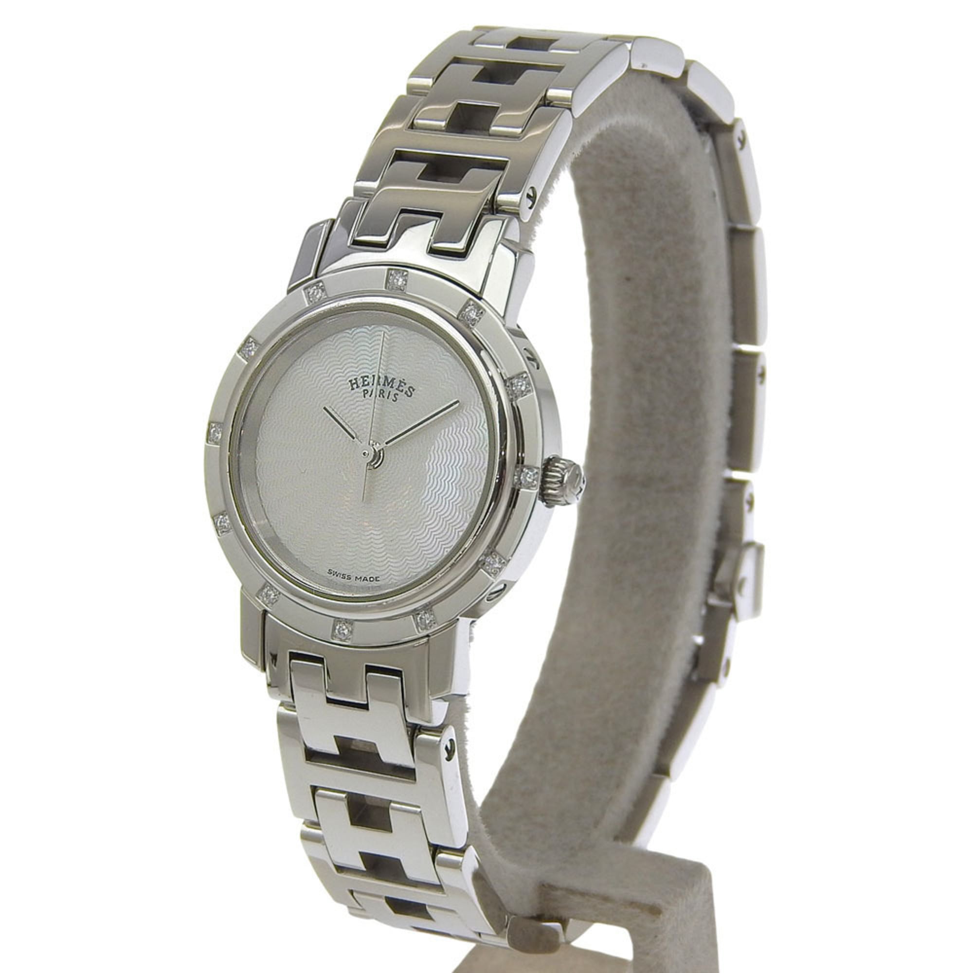 HermÃ¨s Clipper Nacre Women's Watch, 12 Diamonds, CL4.230, Stainless Steel, Quartz Movement, Analog Display, White Shell Dial