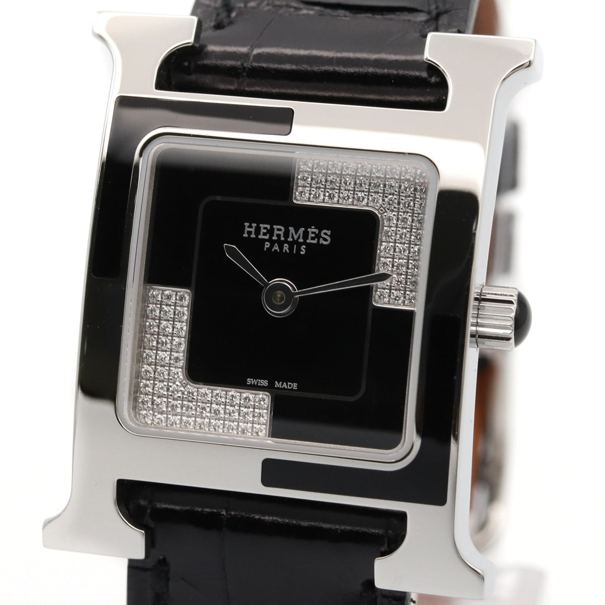 Hermes H- O Carre Small Diamond HH4.221 Black, Silver Dial 21mm Watch