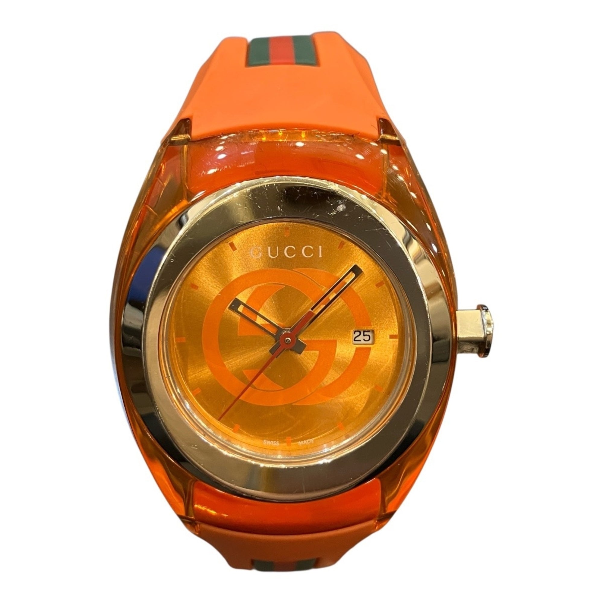 Gucci Sync watch, total weight 53g, stainless steel, rubber strap, quartz movement, orange dial, 137.3