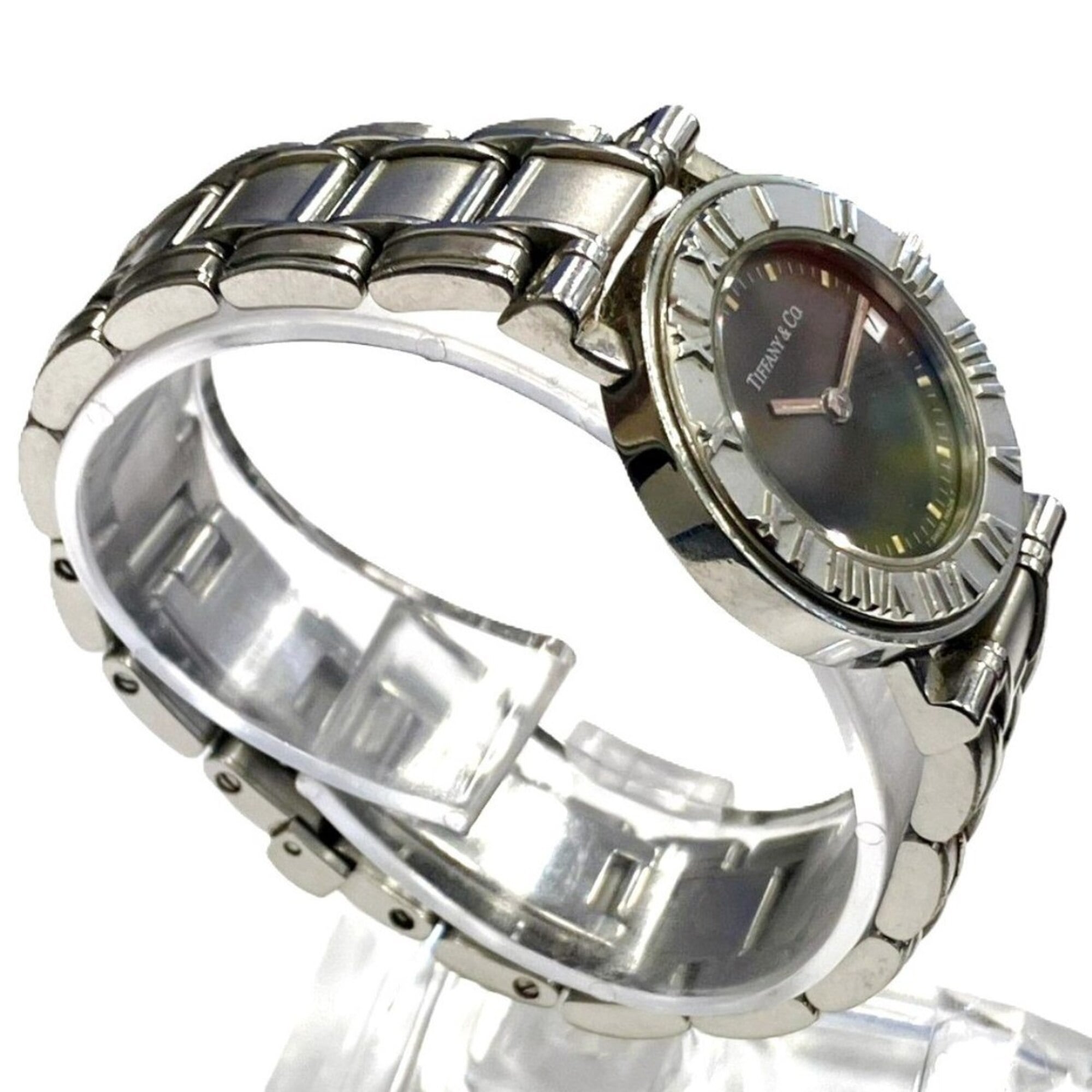 Tiffany & Co. Atlas watch, total weight 51.2g, stainless steel, quartz movement, black dial.