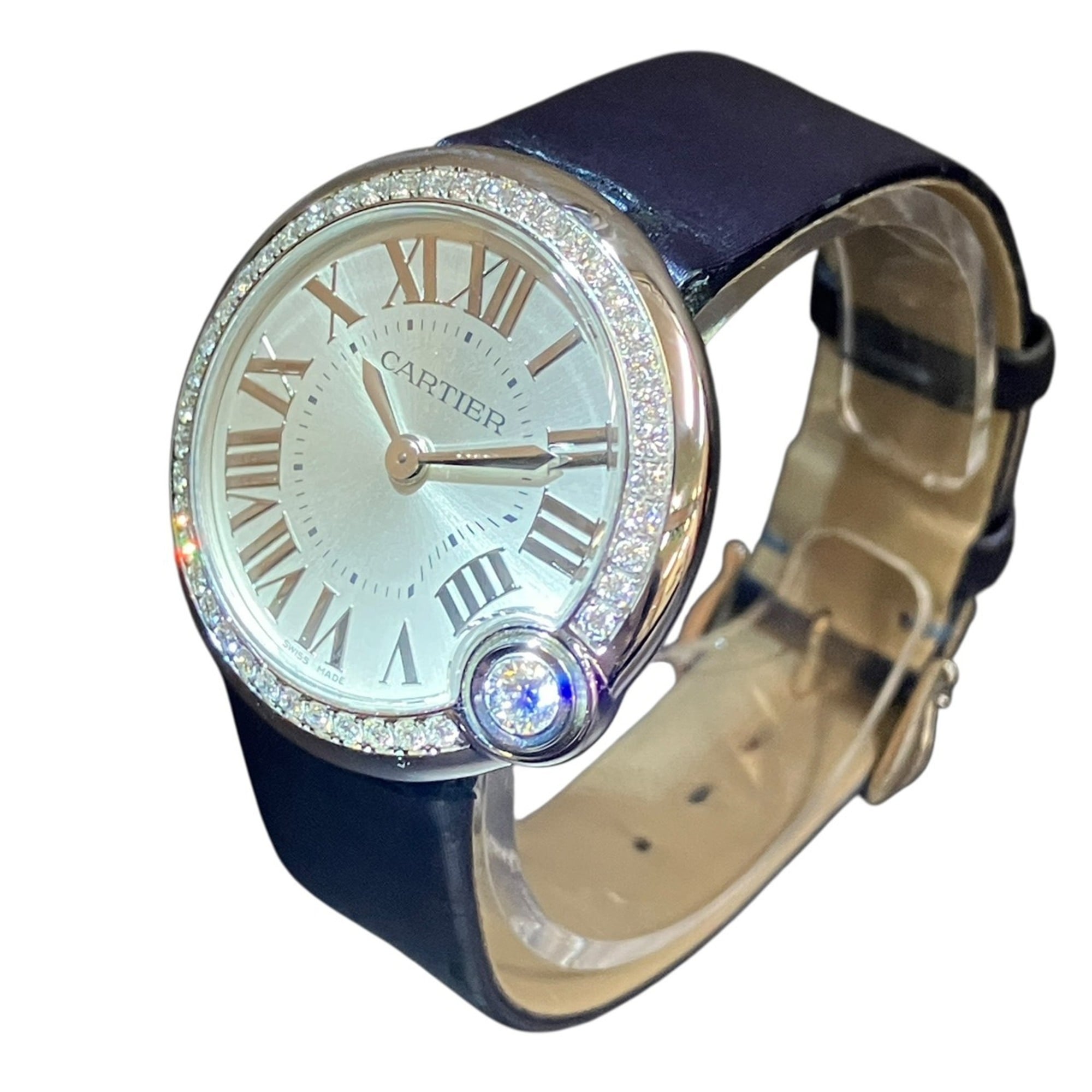 Cartier Ballon Bleu de watch, total weight 27.7g, stainless steel, genuine leather strap, diamonds, quartz movement, silver dial, W4BL0002