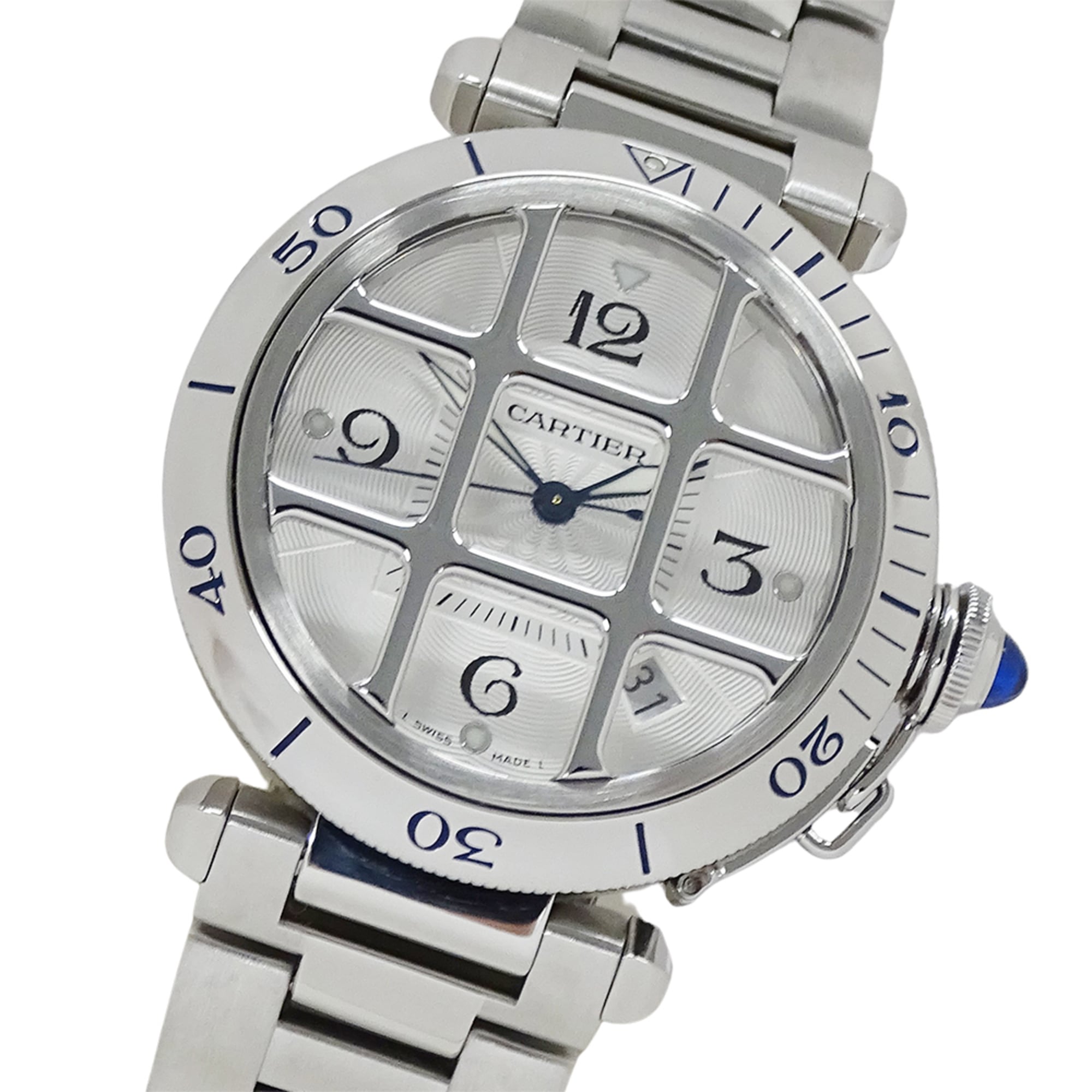 Cartier Pasha Grid Date Automatic Watch for Men, Stainless Steel (SS) W31040H3, Silver, Open Caseback