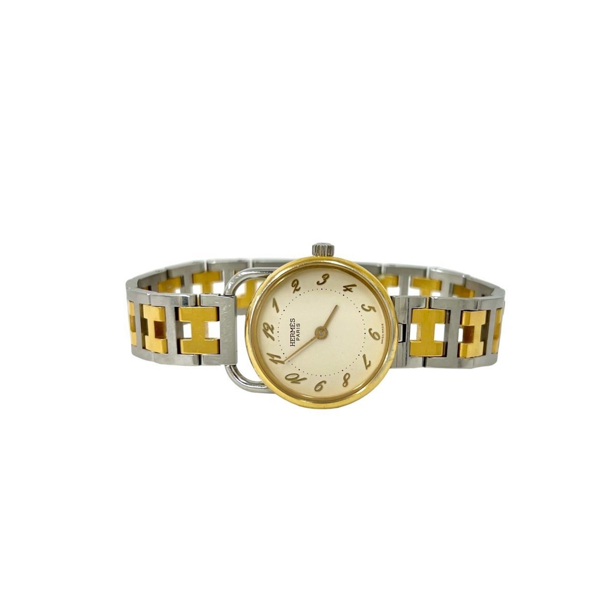 HERMES Arceau H Logo Belt Stainless Steel GP Quartz Wristwatch Silver Gold 34591