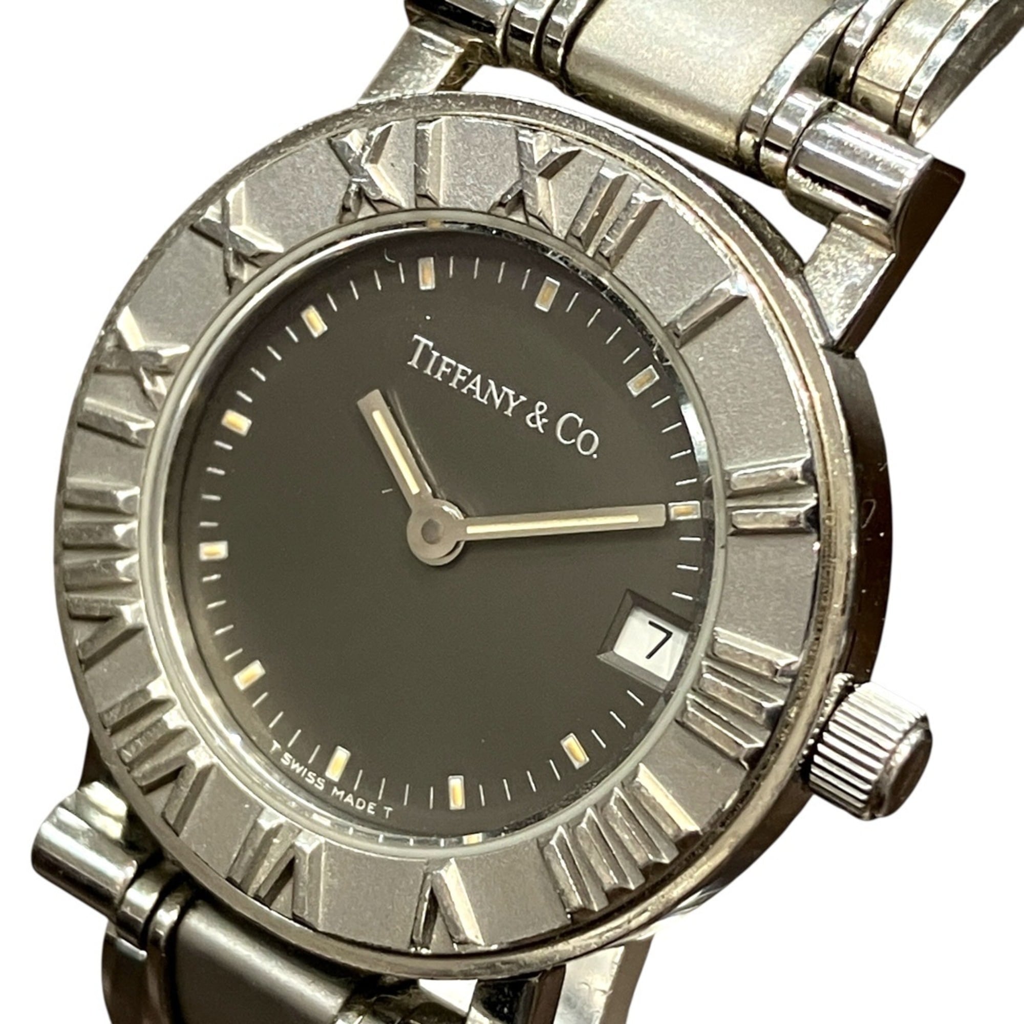 Tiffany & Co. Atlas watch, total weight 53.6g, stainless steel, quartz movement, black dial.