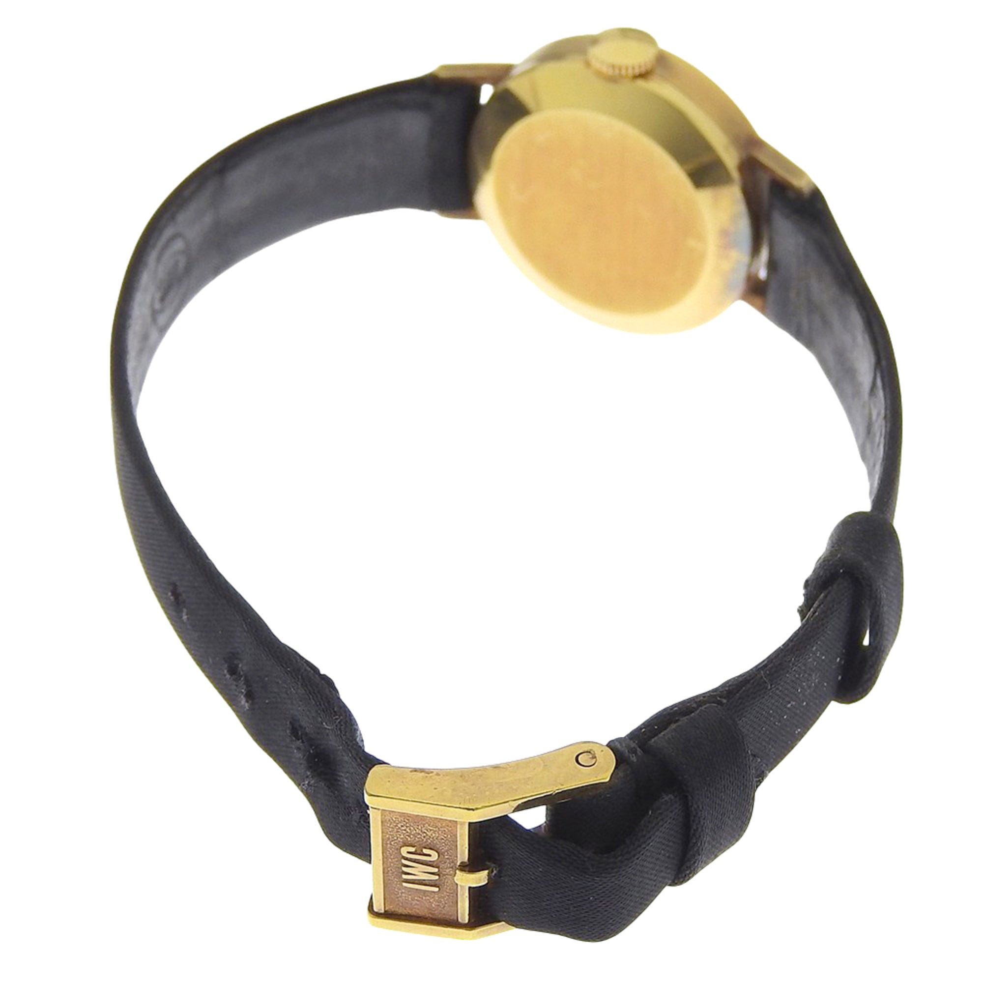 International Watch Company (IWC) vintage horloge, kaliber 41, 18-karaats geelgoud met leren band, handopwinding, analoge wijzerplaat, zilveren wijzerplaat, damesmodel.