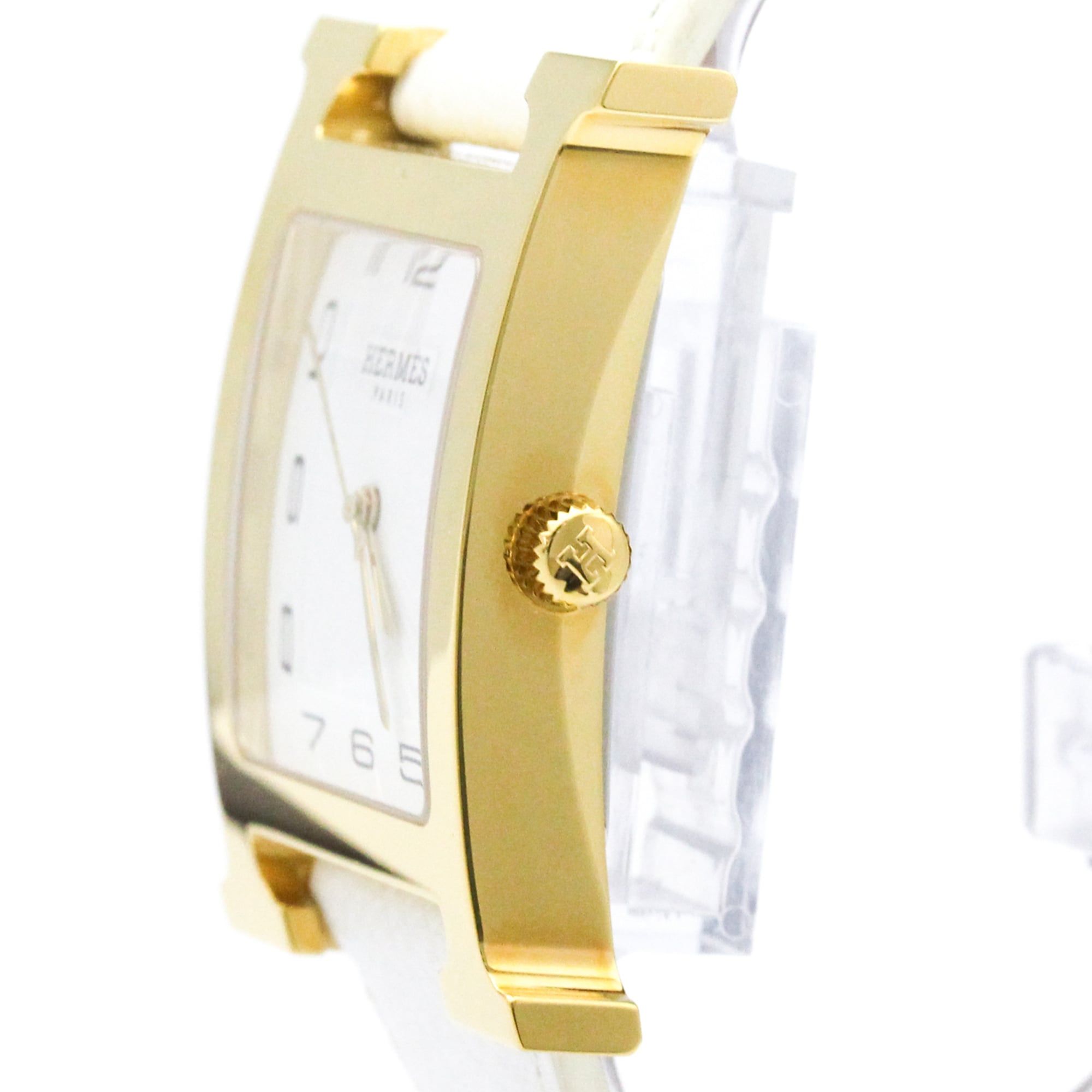HERMES H Watch Gold Plated Leather Quartz Mens Watch HH1.801