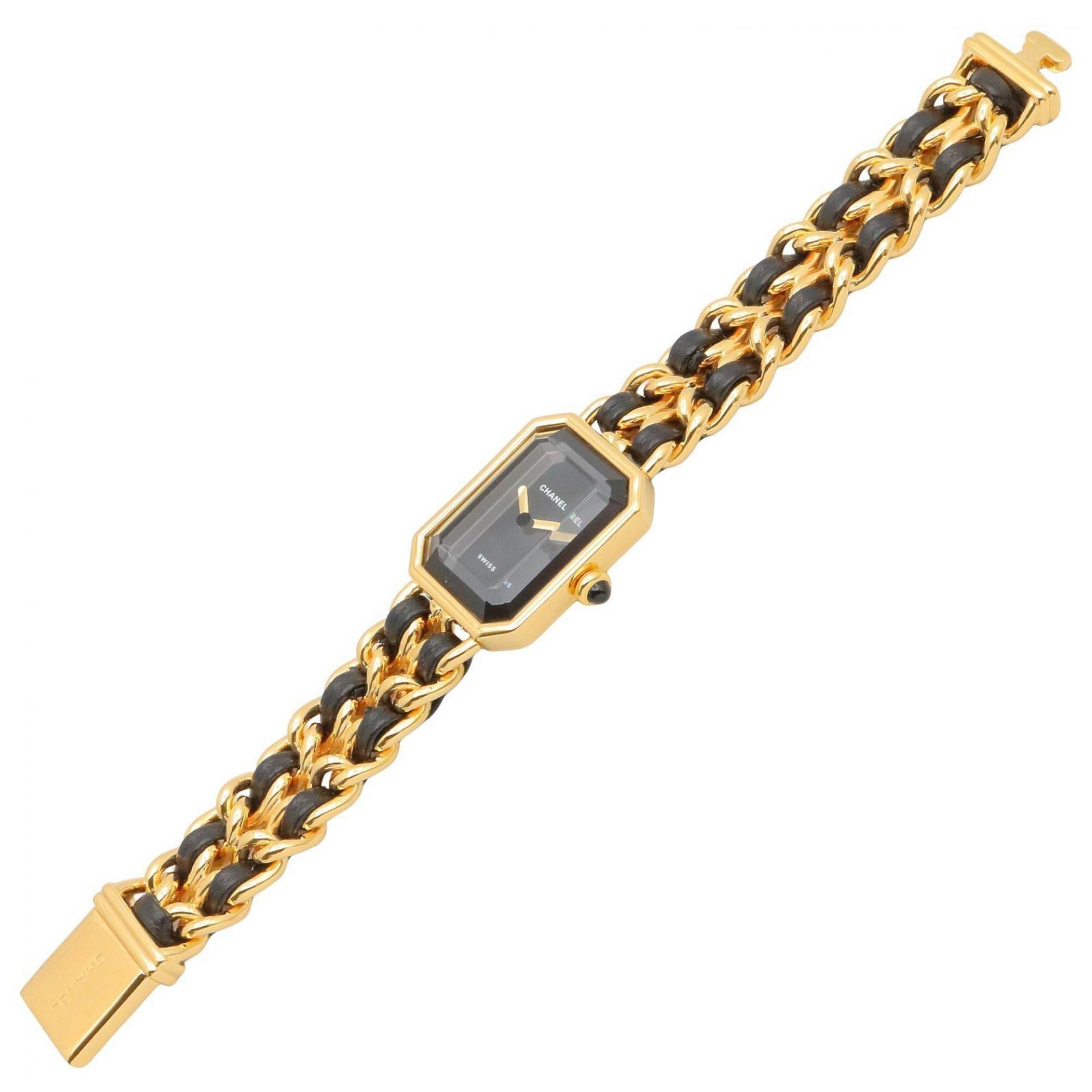 Montre Chanel CHANEL Première S, plaquée or (GP), bracelet en cuir, pour femme, Noir, H0001
