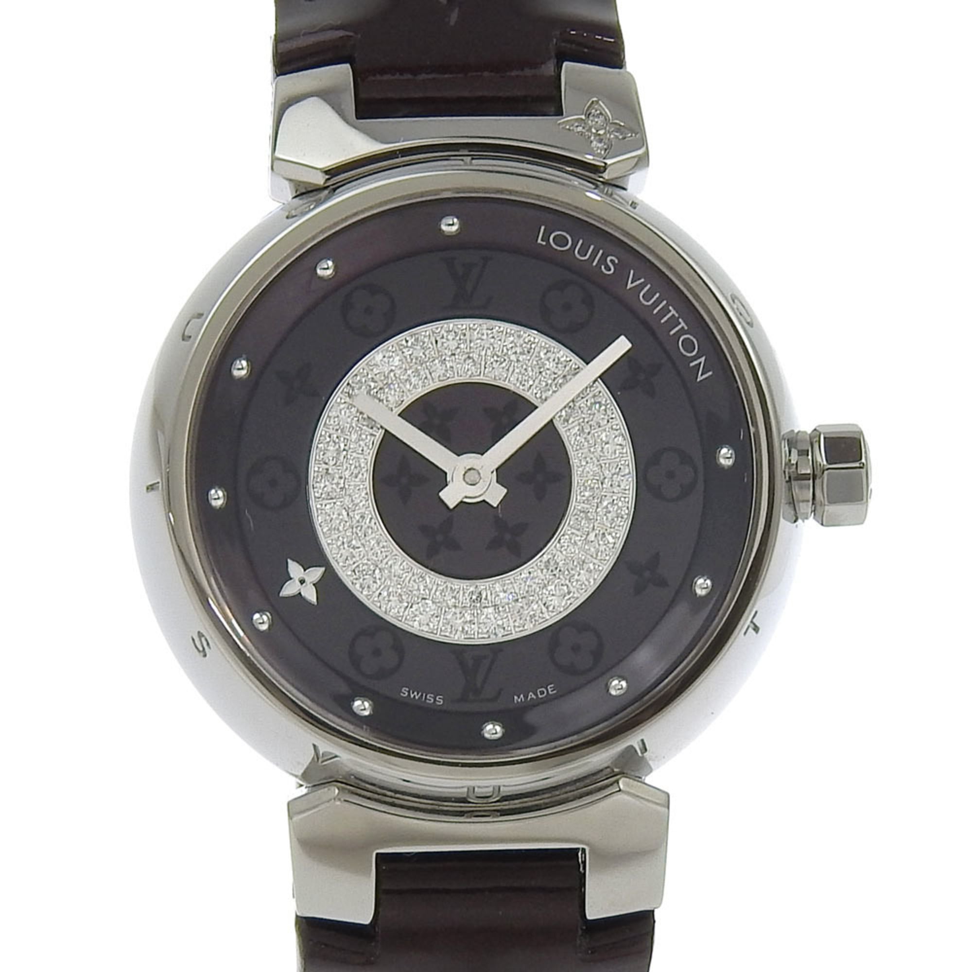 Louis Vuitton Tambour Watch Disc Diamant Amarante Q121U Stainless Steel x Monogram Vernis Diamond Quartz Analog Display Amarant Dial Women's