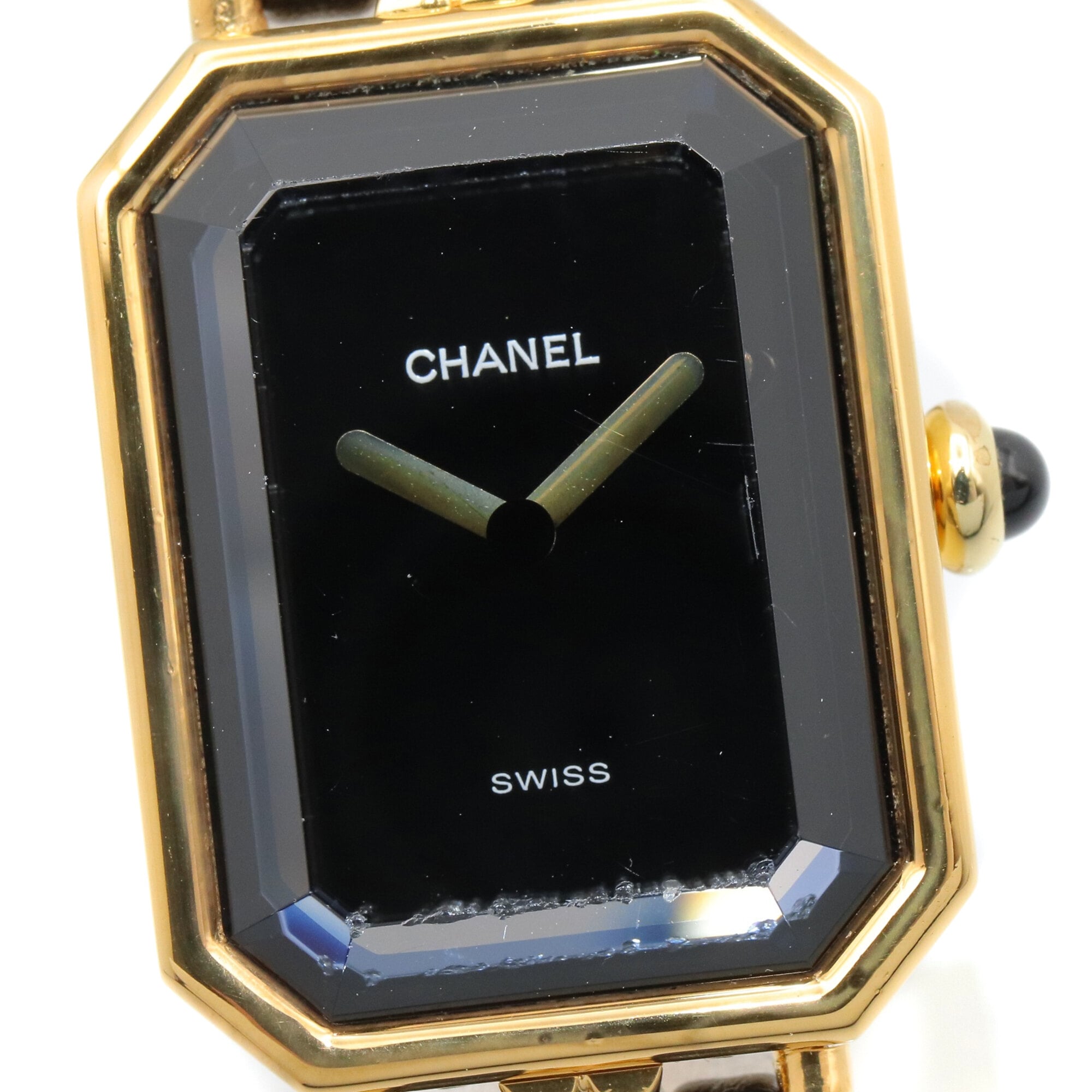 Montre Chanel CHANEL Première XL, plaquée or (GP), bracelet en cuir, pour femme, Noir, H0001